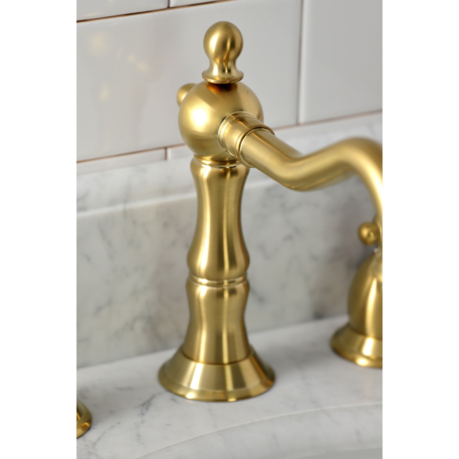 Kingston Heirloom KS1977PKL - Duchess Two-Handle 3-Hole Deck Mount Widespread Bathroom Faucet with Brass Pop-Up, Brushed Brass — thumbnail 3