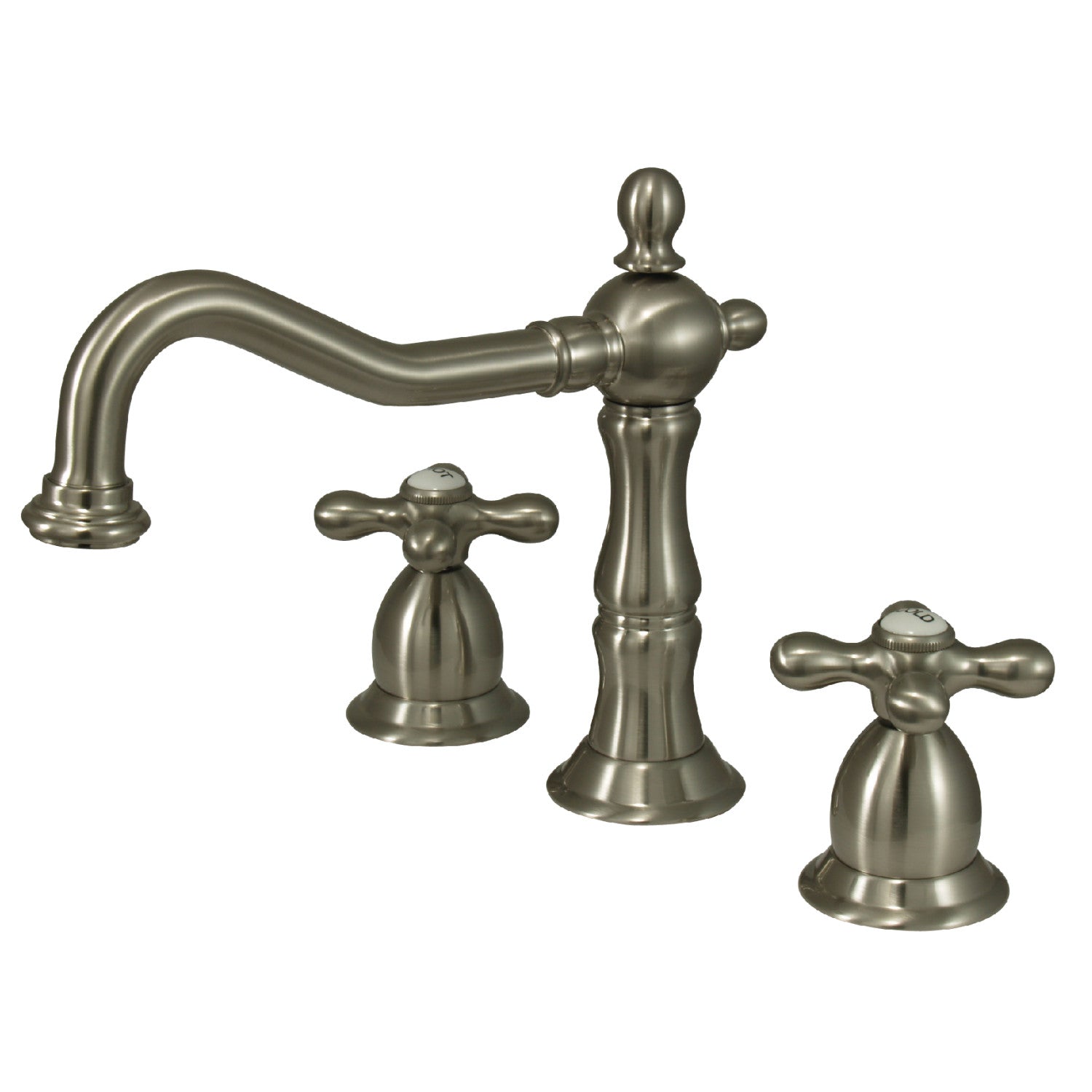Kingston Heirloom KS1978AX - Heritage Two-Handle 3-Hole Deck Mount Widespread Bathroom Faucet with Brass Pop-Up, Brushed Nickel