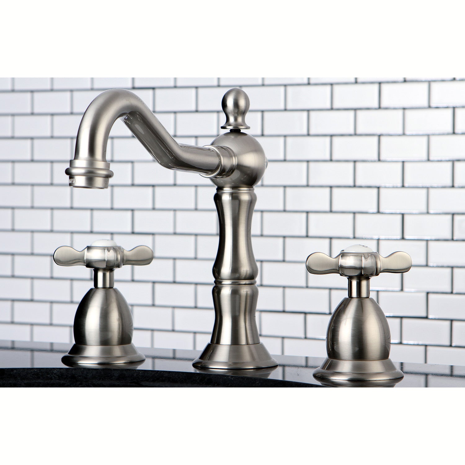 Kingston Heirloom KS1978BEX - Essex Two-Handle 3-Hole Deck Mount Widespread Bathroom Faucet with Brass Pop-Up, Brushed Nickel — thumbnail 2