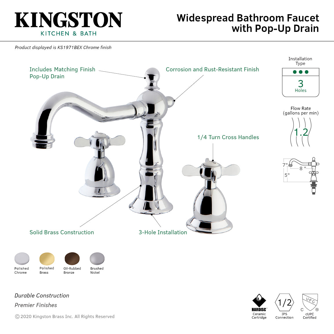 Kingston Heirloom KS1978BEX - Essex Two-Handle 3-Hole Deck Mount Widespread Bathroom Faucet with Brass Pop-Up, Brushed Nickel — thumbnail 3