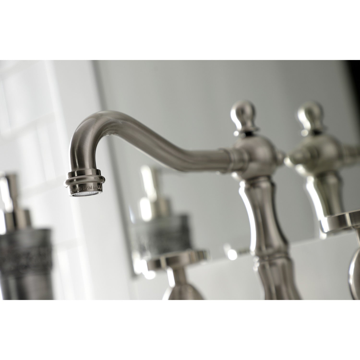Kingston Heirloom KS1978RX - Belknap Two-Handle 3-Hole Deck Mount Widespread Bathroom Faucet with Brass Pop-Up, Brushed Nickel — thumbnail 3
