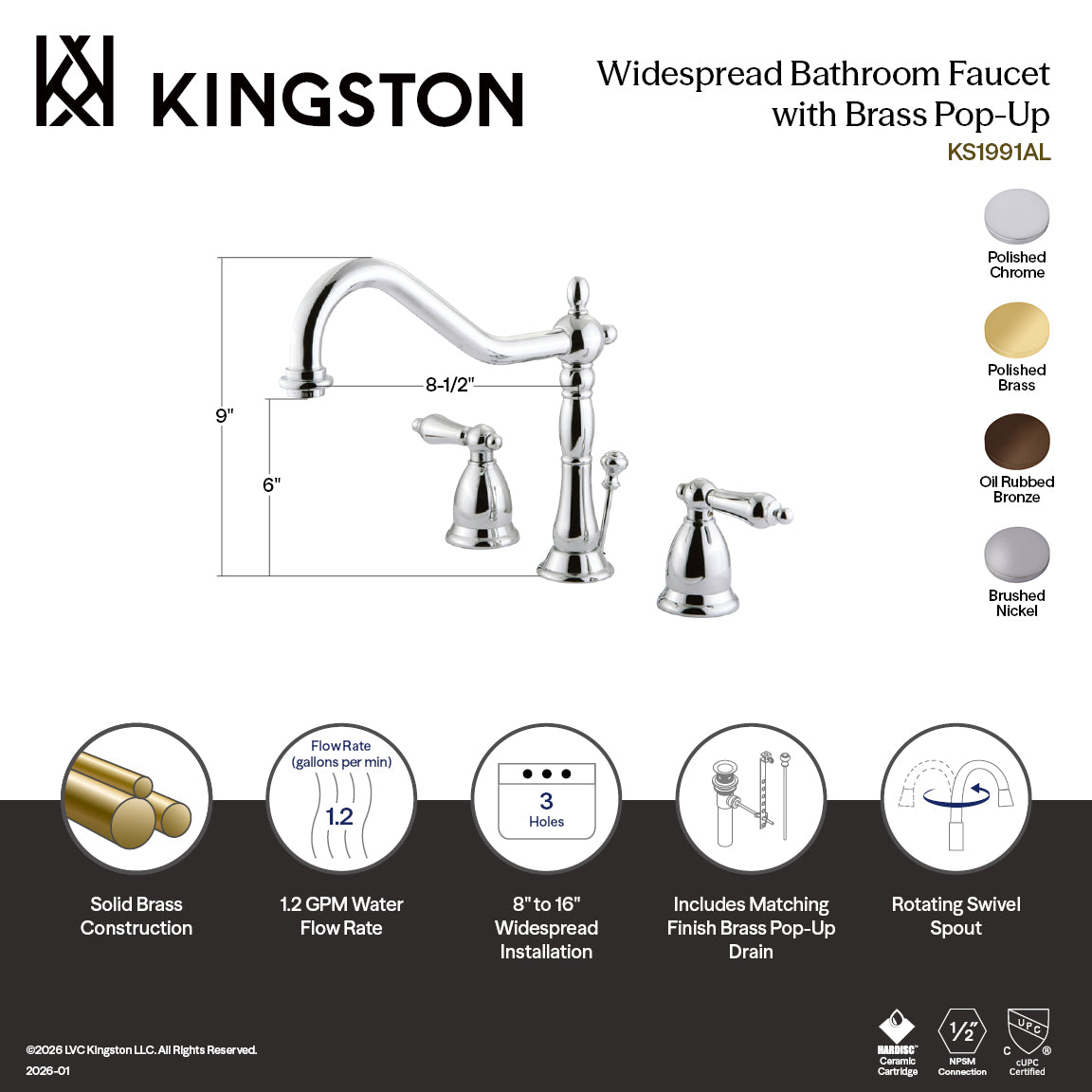 Kingston Heirloom KS1991AL - Heritage Two-Handle 3-Hole Deck Mount Widespread Bathroom Faucet with Brass Pop-Up, Polished Chrome — thumbnail 3