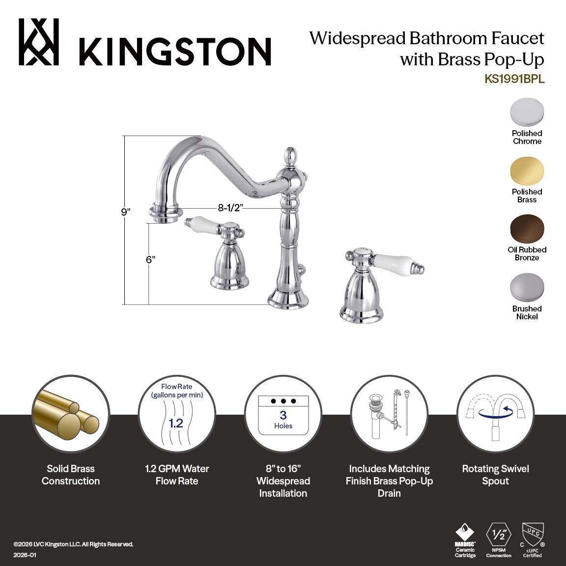 Kingston Heirloom KS1991BPL - Bel-Air Two-Handle 3-Hole Deck Mount Widespread Bathroom Faucet with Brass Pop-Up, Polished Chrome — thumbnail 3