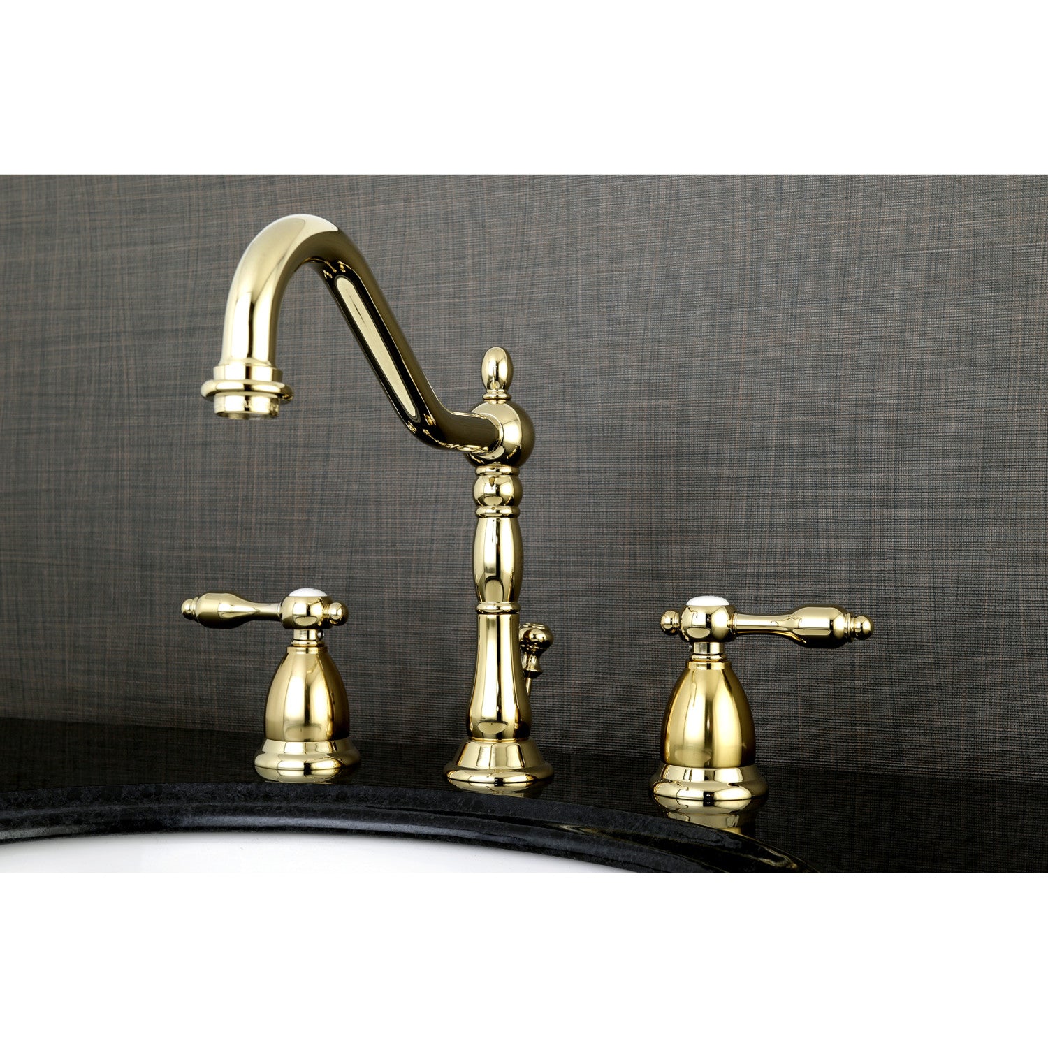 Kingston Heirloom KS1992TAL - Tudor Two-Handle 3-Hole Deck Mount Widespread Bathroom Faucet with Brass Pop-Up, Polished Brass — thumbnail 2