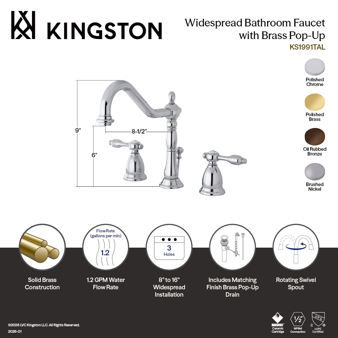Kingston Heirloom KS1992TAL - Tudor Two-Handle 3-Hole Deck Mount Widespread Bathroom Faucet with Brass Pop-Up, Polished Brass — thumbnail 3