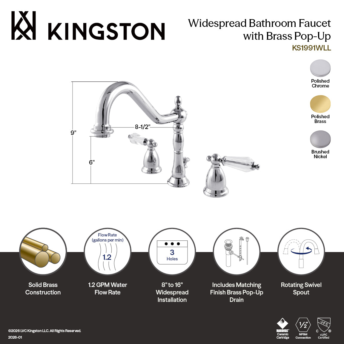 Kingston Heirloom KS1992WLL - Wilshire Two-Handle 3-Hole Deck Mount Widespread Bathroom Faucet with Brass Pop-Up, Polished Brass — thumbnail 3