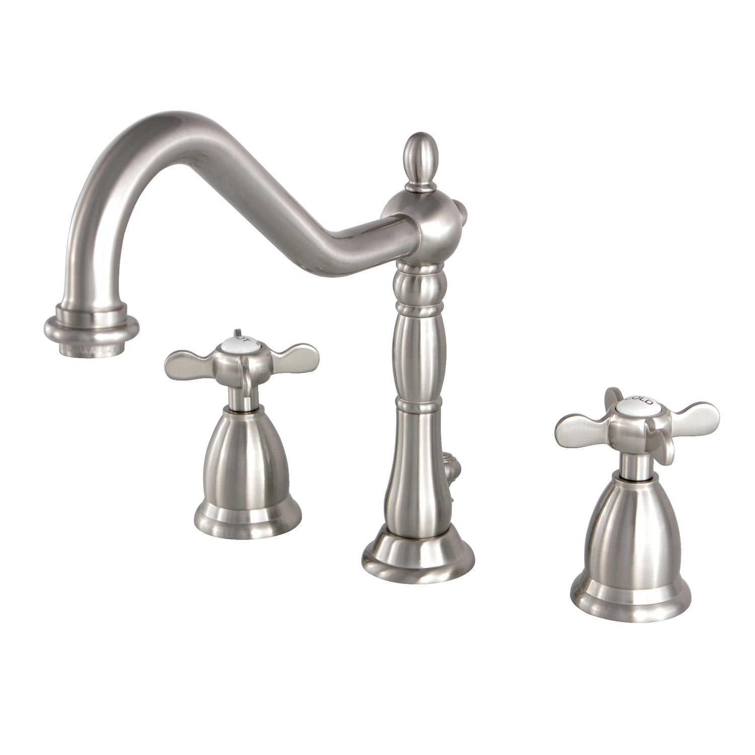 Kingston Heirloom KS1998BEX - Essex Two-Handle 3-Hole Deck Mount Widespread Bathroom Faucet with Brass Pop-Up, Brushed Nickel