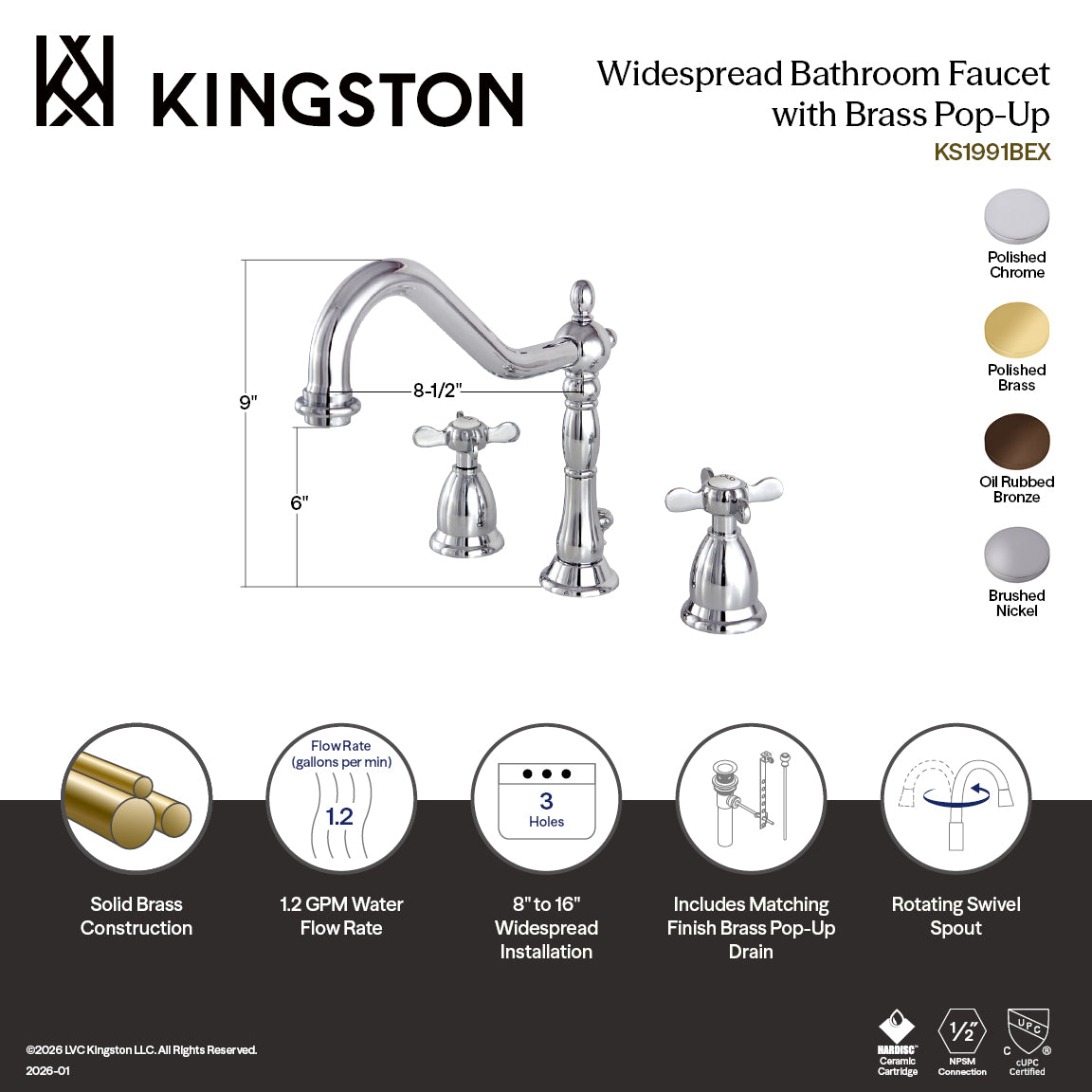 Kingston Heirloom KS1998BEX - Essex Two-Handle 3-Hole Deck Mount Widespread Bathroom Faucet with Brass Pop-Up, Brushed Nickel — thumbnail 3
