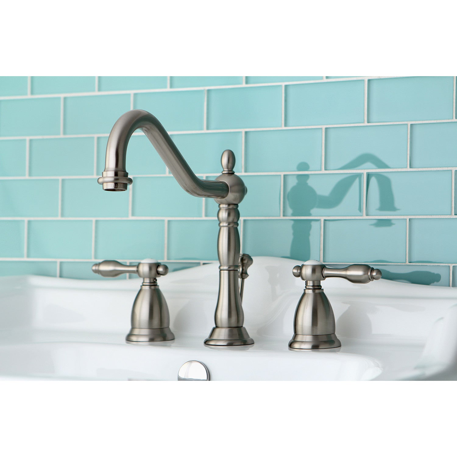 Kingston Heirloom KS1998TAL - Tudor Two-Handle 3-Hole Deck Mount Widespread Bathroom Faucet with Brass Pop-Up, Brushed Nickel — thumbnail 2