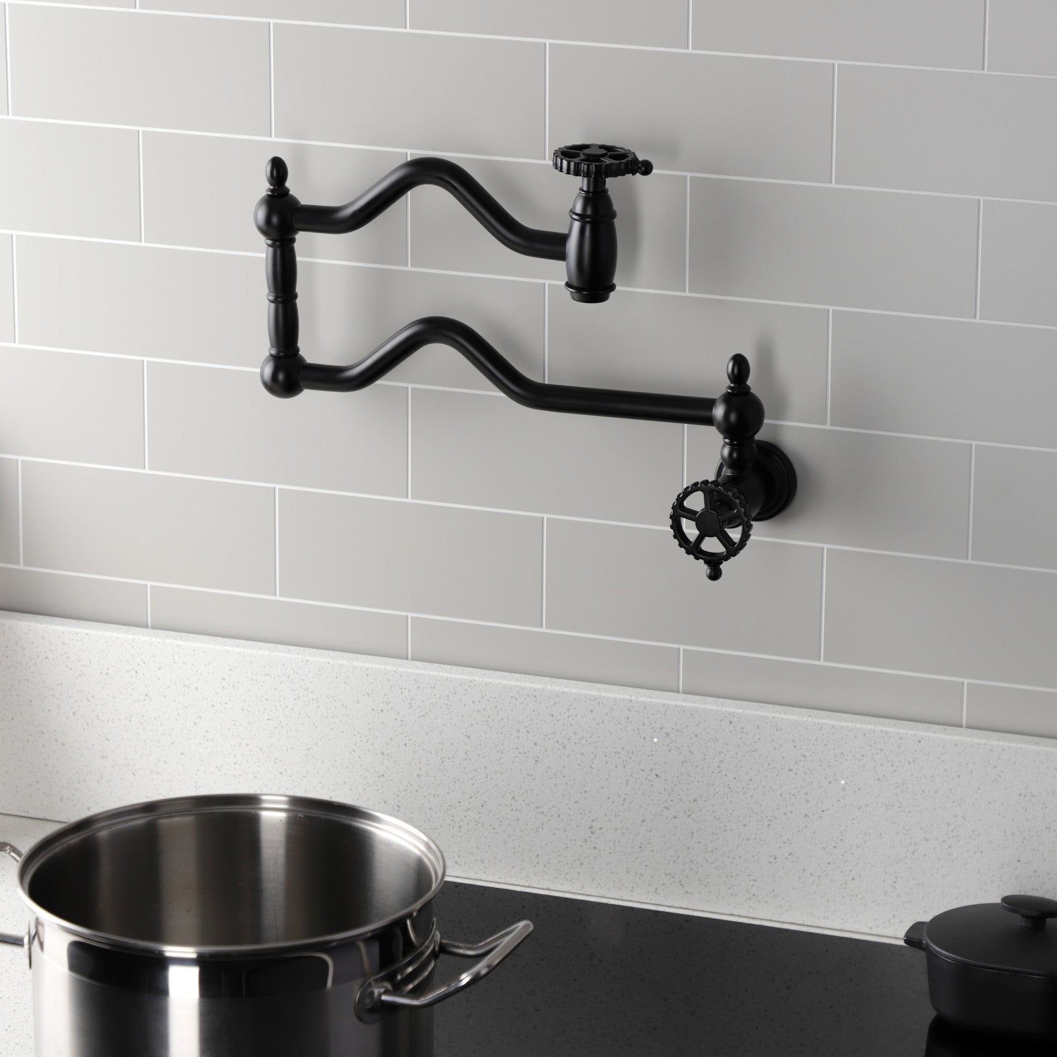 Kingston Tulare KS2100CG - Fuller Two-Handle 1-Hole Wall Mount Pot Filler Faucet, Matte Black — thumbnail 2