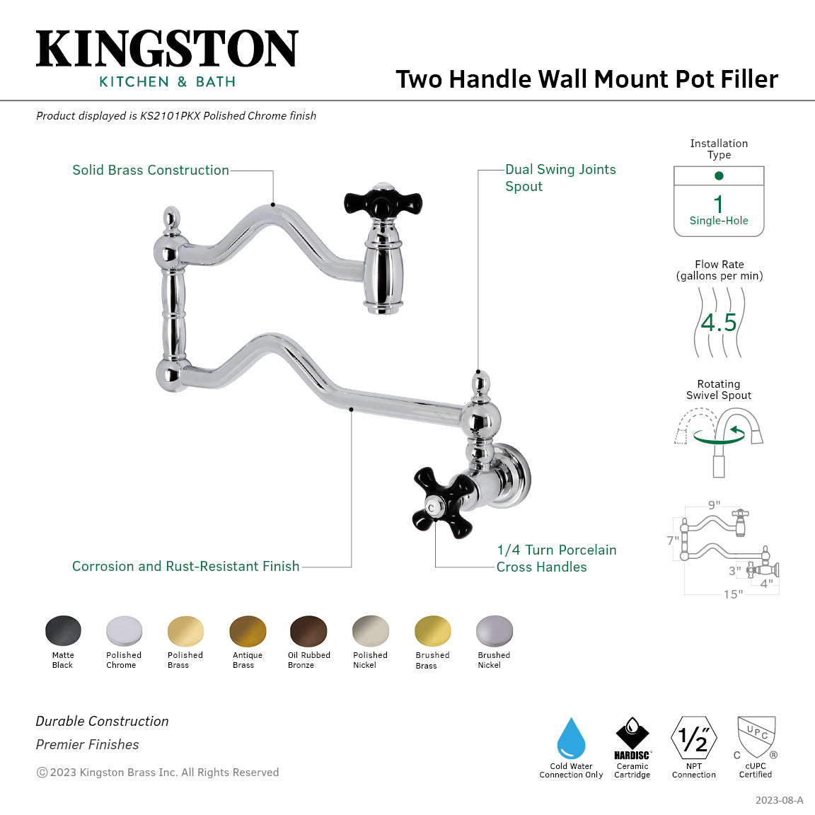 Kingston Heirloom KS2100PKX - Duchess Two-Handle 1-Hole Wall Mount Pot Filler Faucet, Matte Black — thumbnail 2