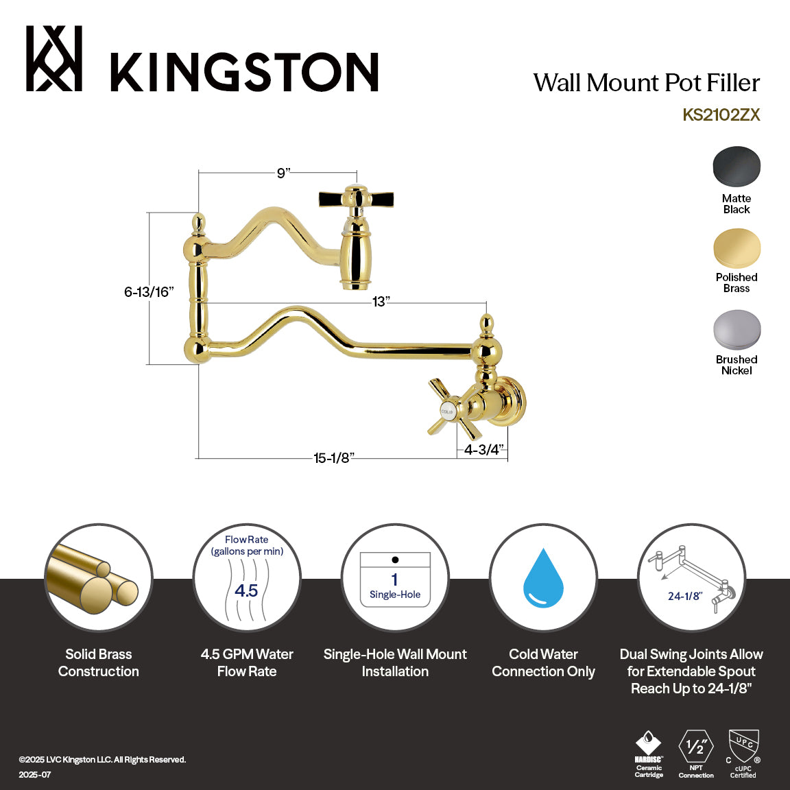 Kingston Tulare KS2102ZX - Millennium Two-Handle 1-Hole Wall Mount Pot Filler Faucet, Polished Brass — thumbnail 2