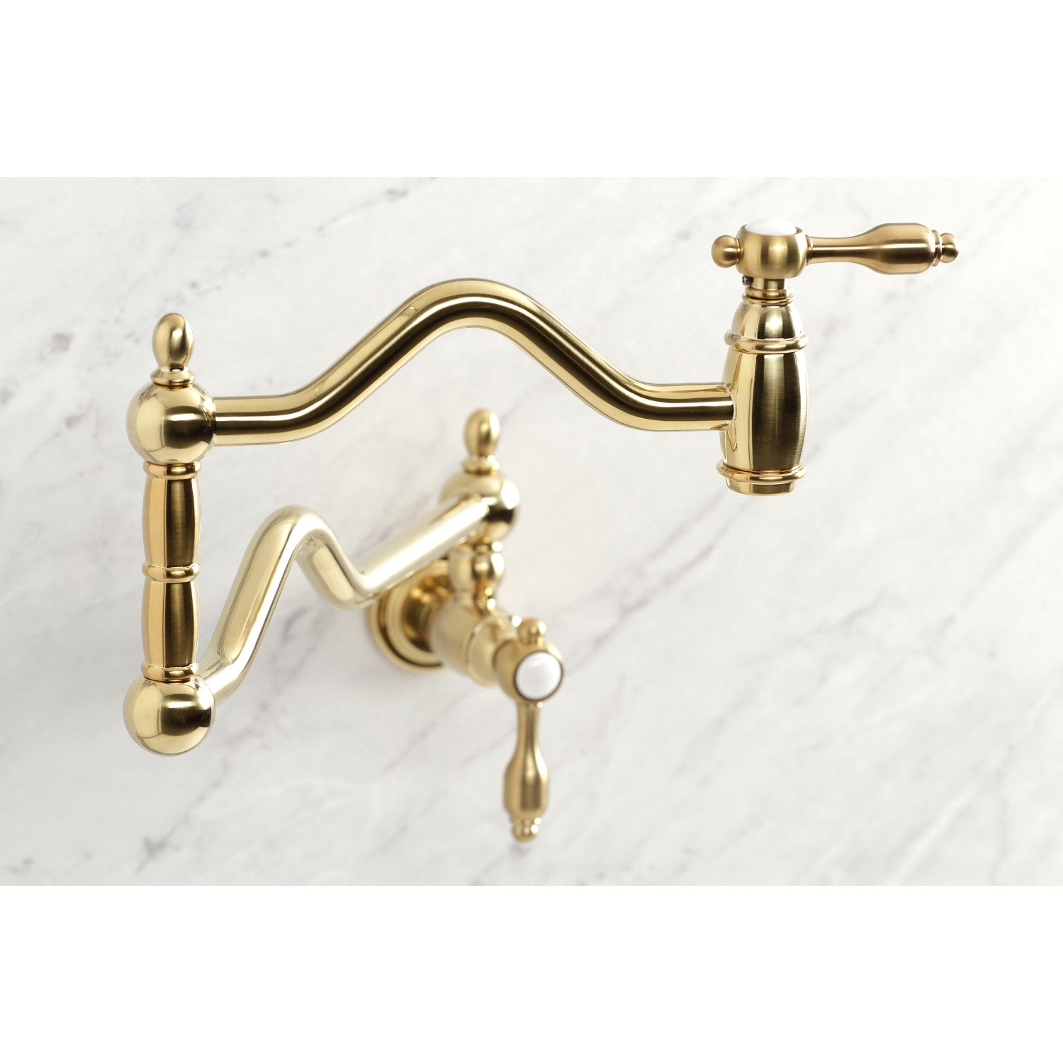 Kingston Heirloom KS2107TAL - Tudor Two-Handle 1-Hole Wall Mount Pot Filler Faucet, Brushed Brass — thumbnail 3
