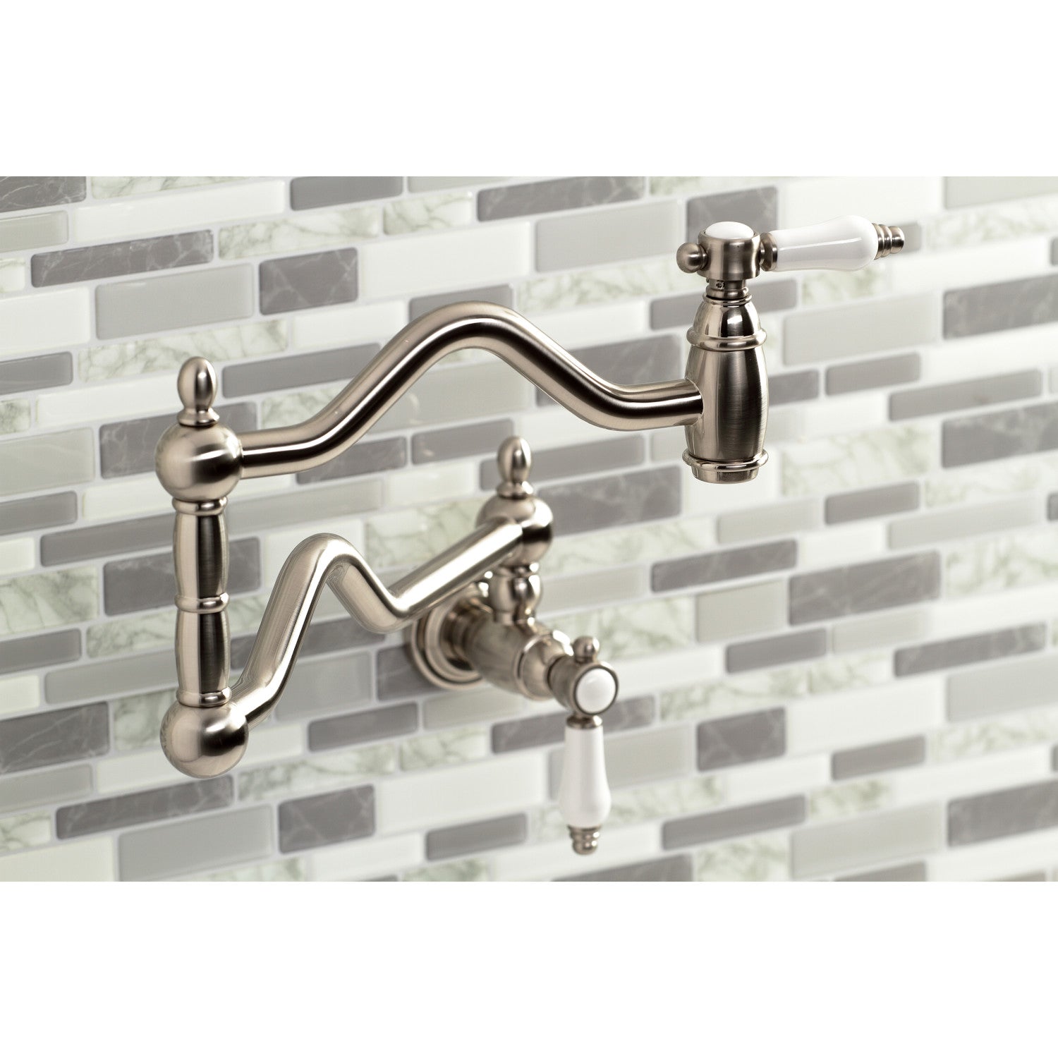 Kingston Heirloom KS2108BPL - Bel-Air Two-Handle 1-Hole Wall Mount Pot Filler Faucet, Brushed Nickel — thumbnail 3
