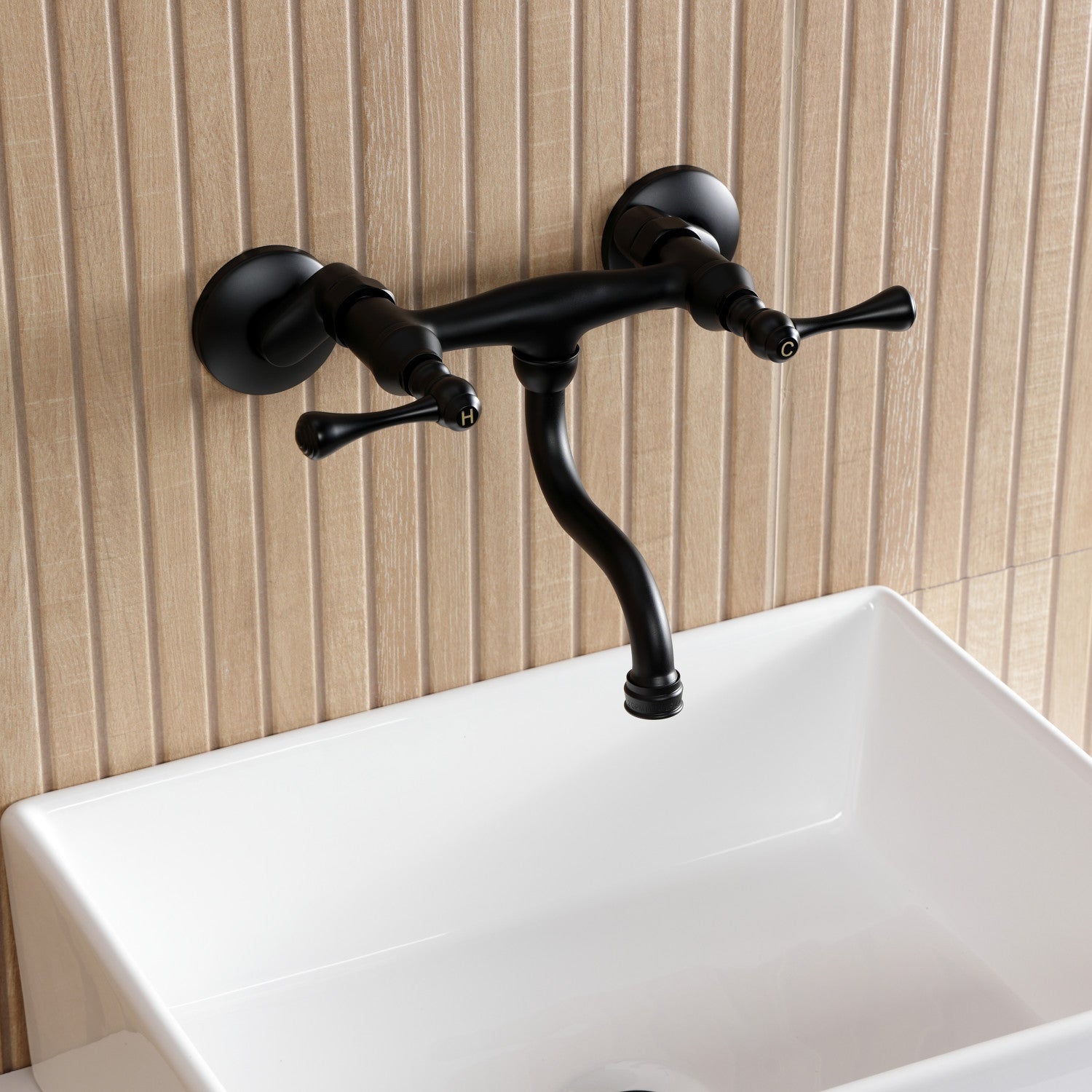 Kingston Tulare KS2110BL - Kingston Double-Handle 2-Hole Wall Mount Bathroom Faucet, Matte Black — thumbnail 2