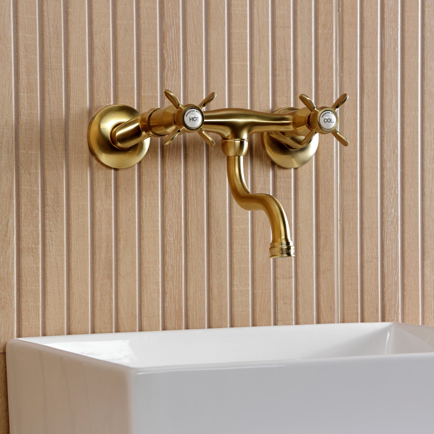 Kingston Heirloom KS2117BEX - Essex Double-Handle 2-Hole Wall Mount Bathroom Faucet, Brushed Brass — thumbnail 3