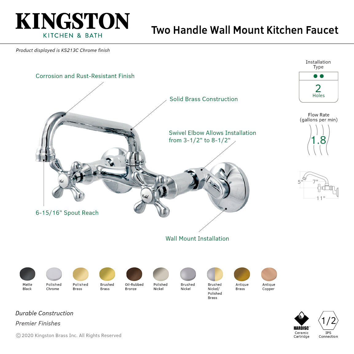 Kingston Heirloom KS213SN - Kingston Two-Handle 2-Hole Wall Mount Bridge Kitchen Faucet, Brushed Nickel — thumbnail 2