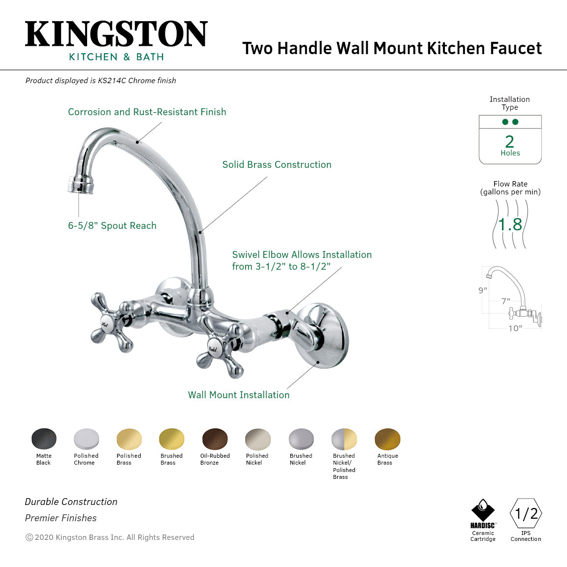 Kingston Heirloom KS214C - Kingston Two-Handle 2-Hole Wall Mount Bridge Kitchen Faucet, Polished Chrome — thumbnail 2