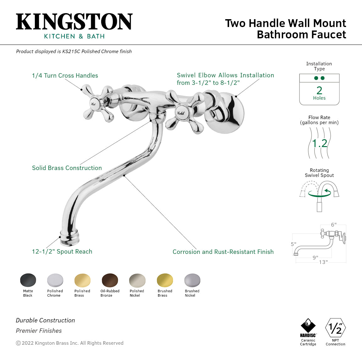 Kingston Heirloom KS215C - Kingston Double-Handle 2-Hole Wall Mount Bathroom Faucet, Polished Chrome — thumbnail 2