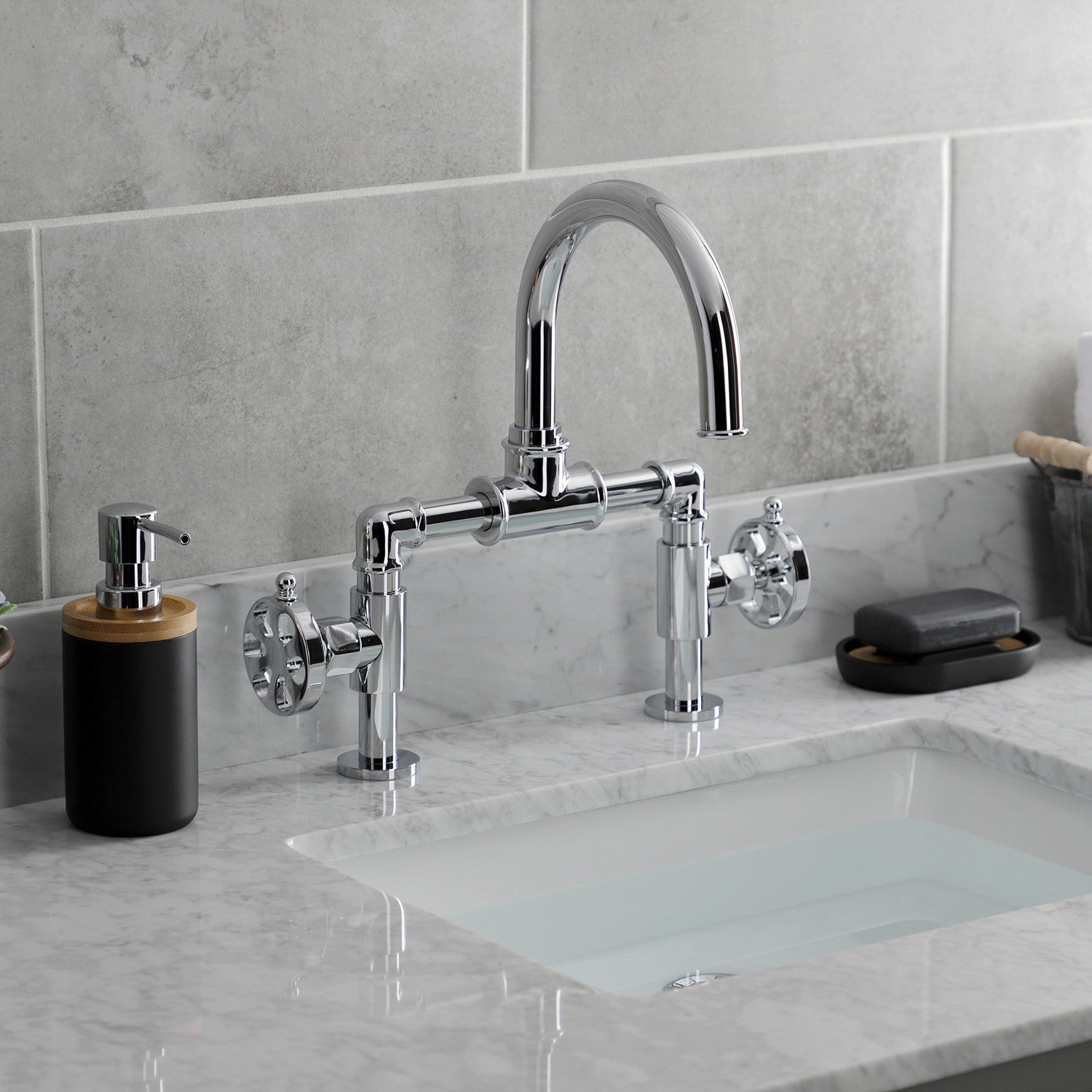 Kingston Sona KS2171RX - Belknap Two-Handle 2-Hole Deck Mount Bridge Bathroom Faucet with Push Pop-Up Drain, Polished Chrome — thumbnail 2