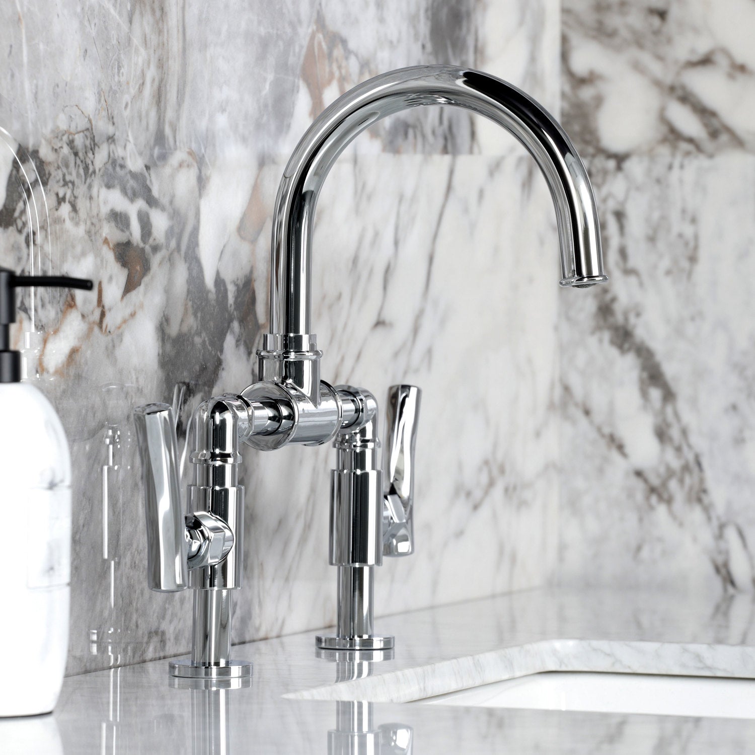 Kingston Sona KS2171TKL - Hallerbos Two-Handle 4-Hole Deck Mount Bridge Bathroom Faucet with Push Pop-Up Drain, Polished Chrome — thumbnail 2