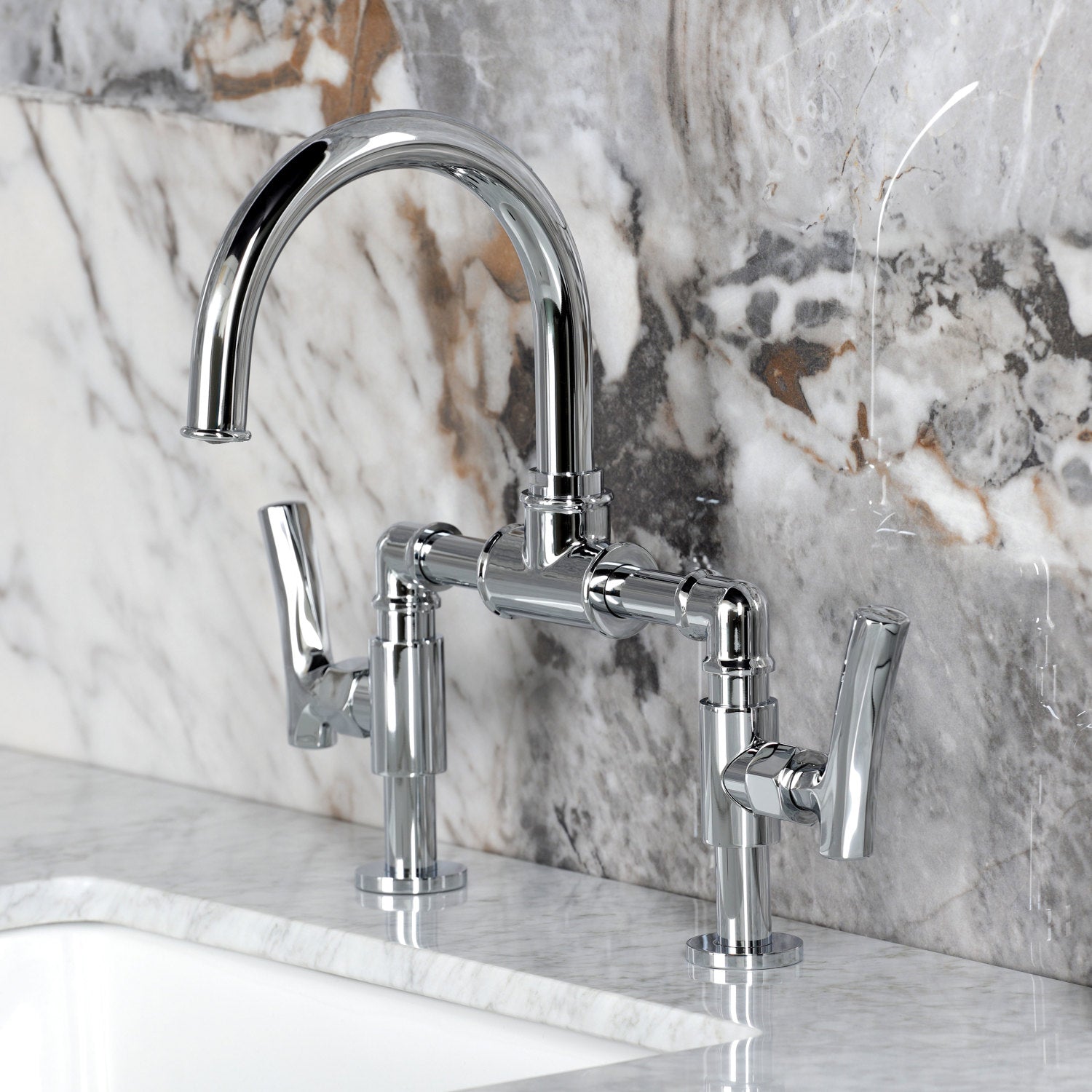 Kingston Sona KS2171TKL - Hallerbos Two-Handle 4-Hole Deck Mount Bridge Bathroom Faucet with Push Pop-Up Drain, Polished Chrome — thumbnail 3