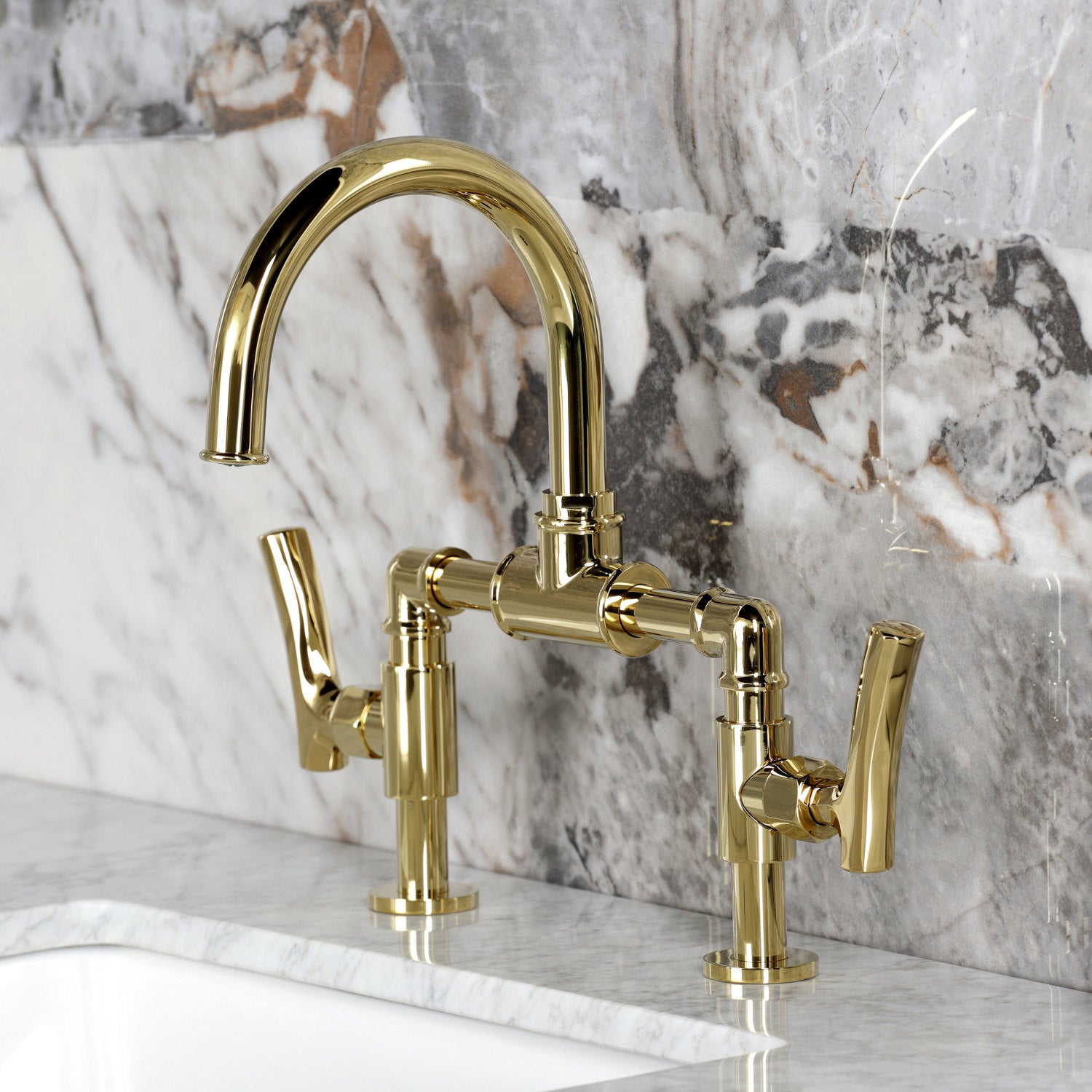 Kingston Sona KS2172TKL - Hallerbos Two-Handle 4-Hole Deck Mount Bridge Bathroom Faucet with Push Pop-Up Drain, Polished Brass — thumbnail 2