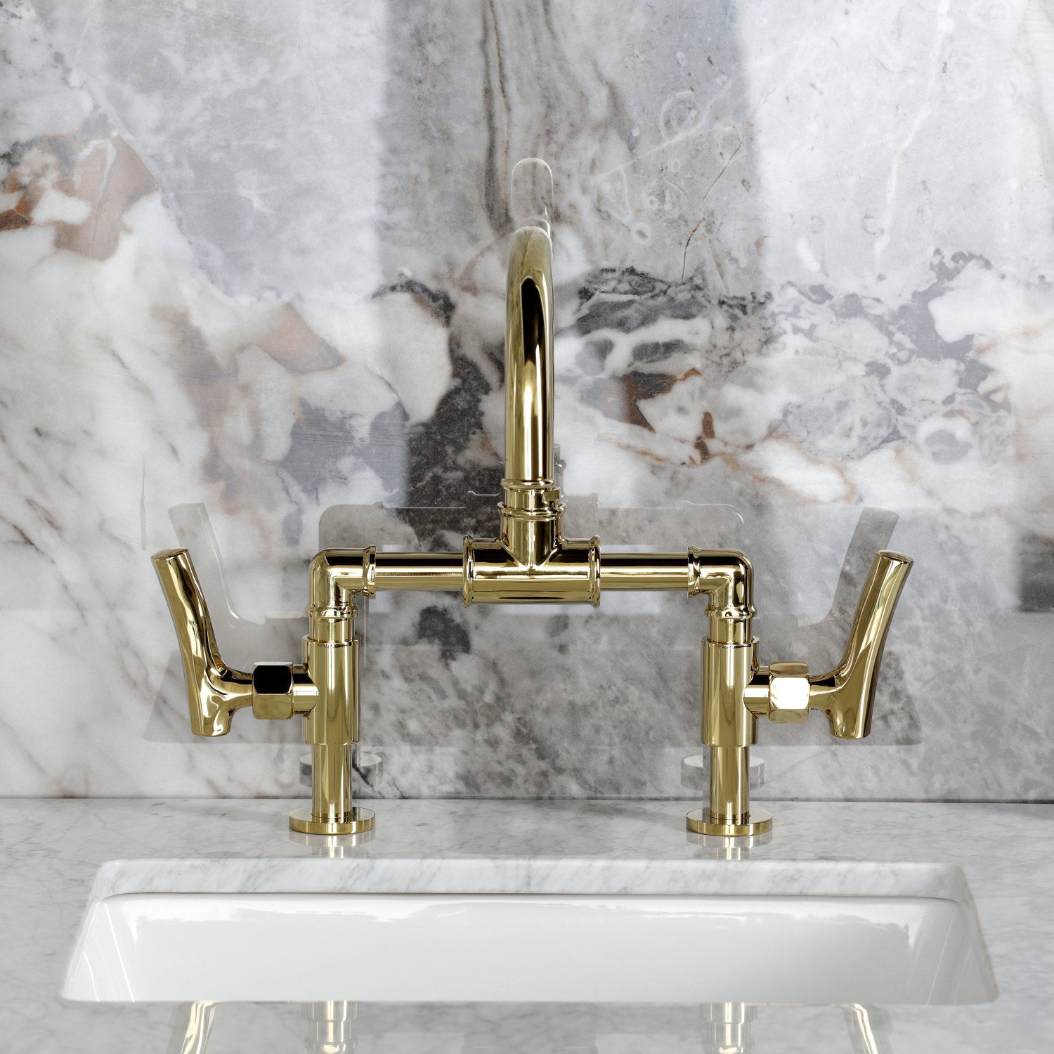Kingston Sona KS2172TKL - Hallerbos Two-Handle 4-Hole Deck Mount Bridge Bathroom Faucet with Push Pop-Up Drain, Polished Brass — thumbnail 3