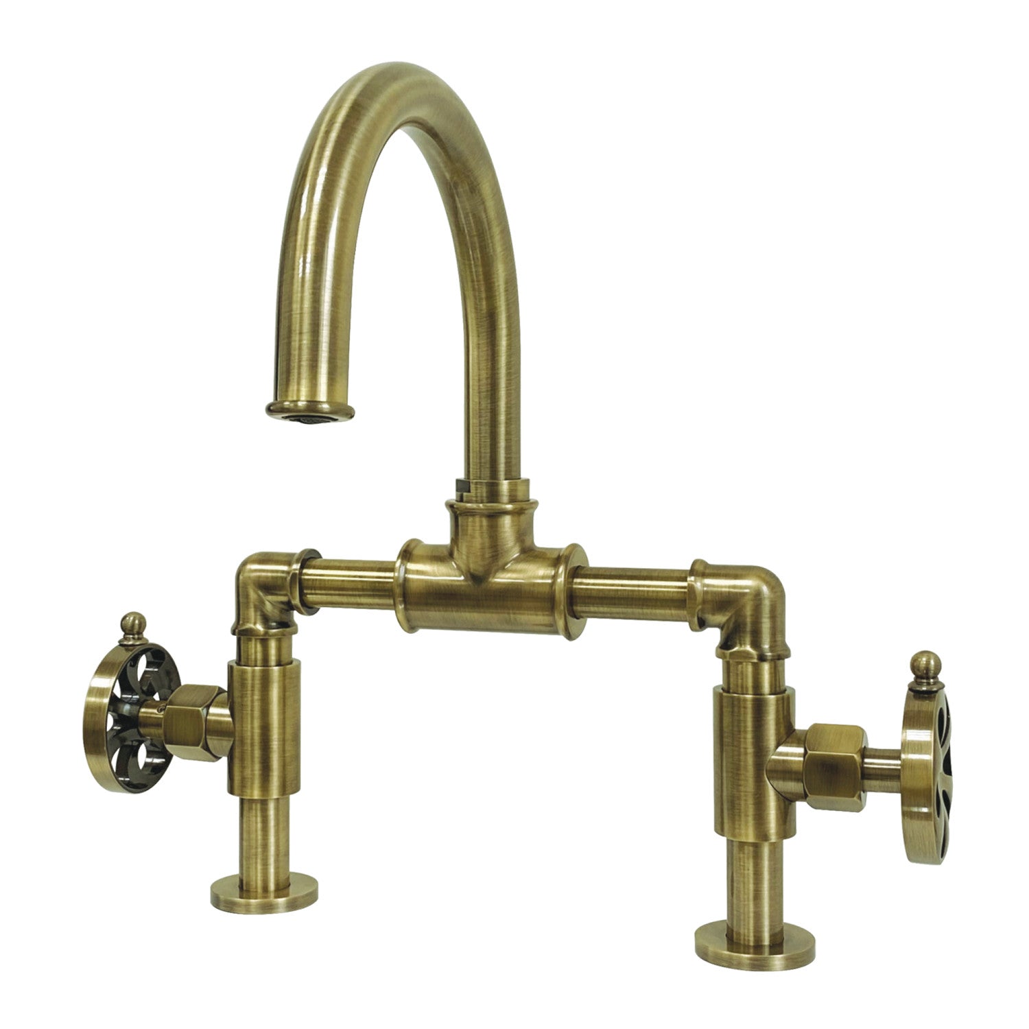 Kingston Sona KS2173RX - Belknap Two-Handle 2-Hole Deck Mount Bridge Bathroom Faucet with Push Pop-Up Drain, Antique Brass