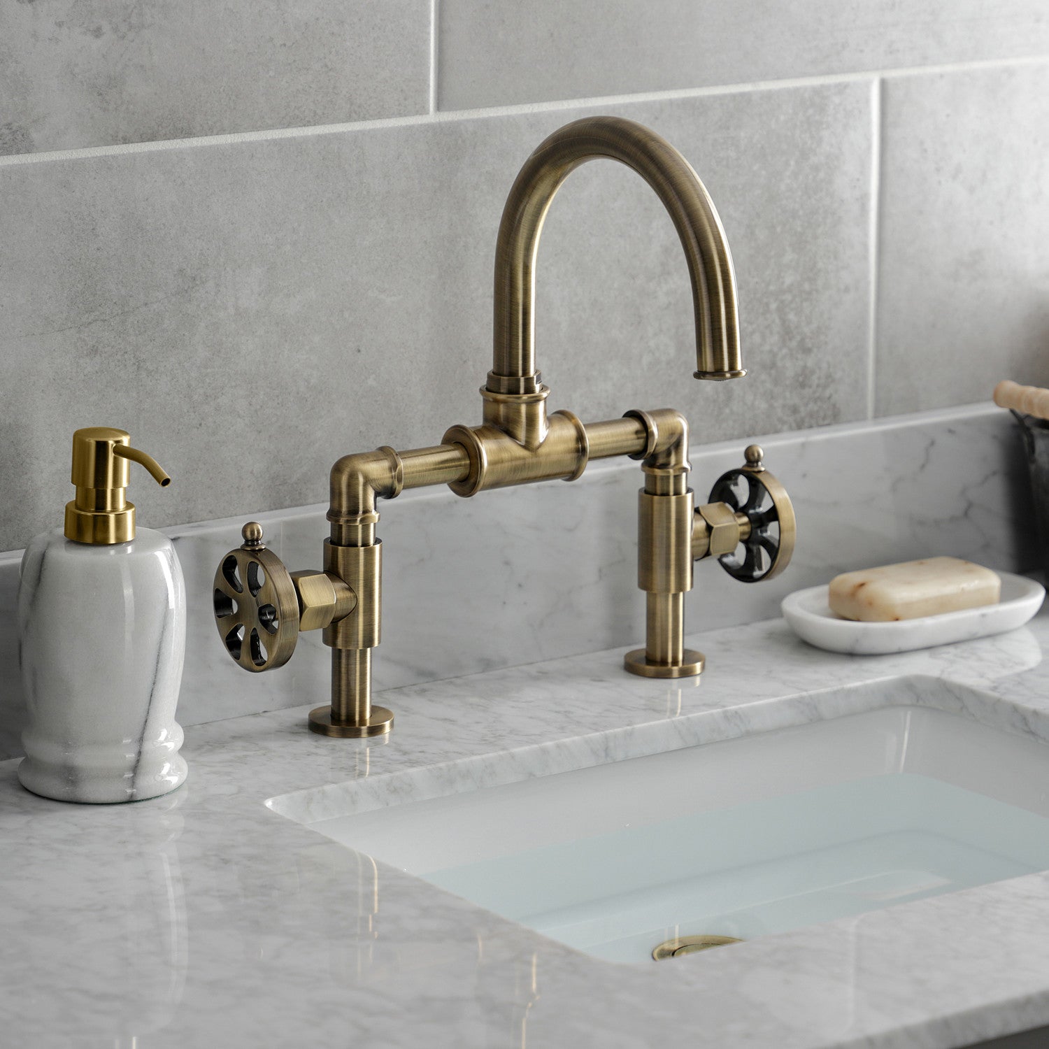 Kingston Sona KS2173RX - Belknap Two-Handle 2-Hole Deck Mount Bridge Bathroom Faucet with Push Pop-Up Drain, Antique Brass — thumbnail 2