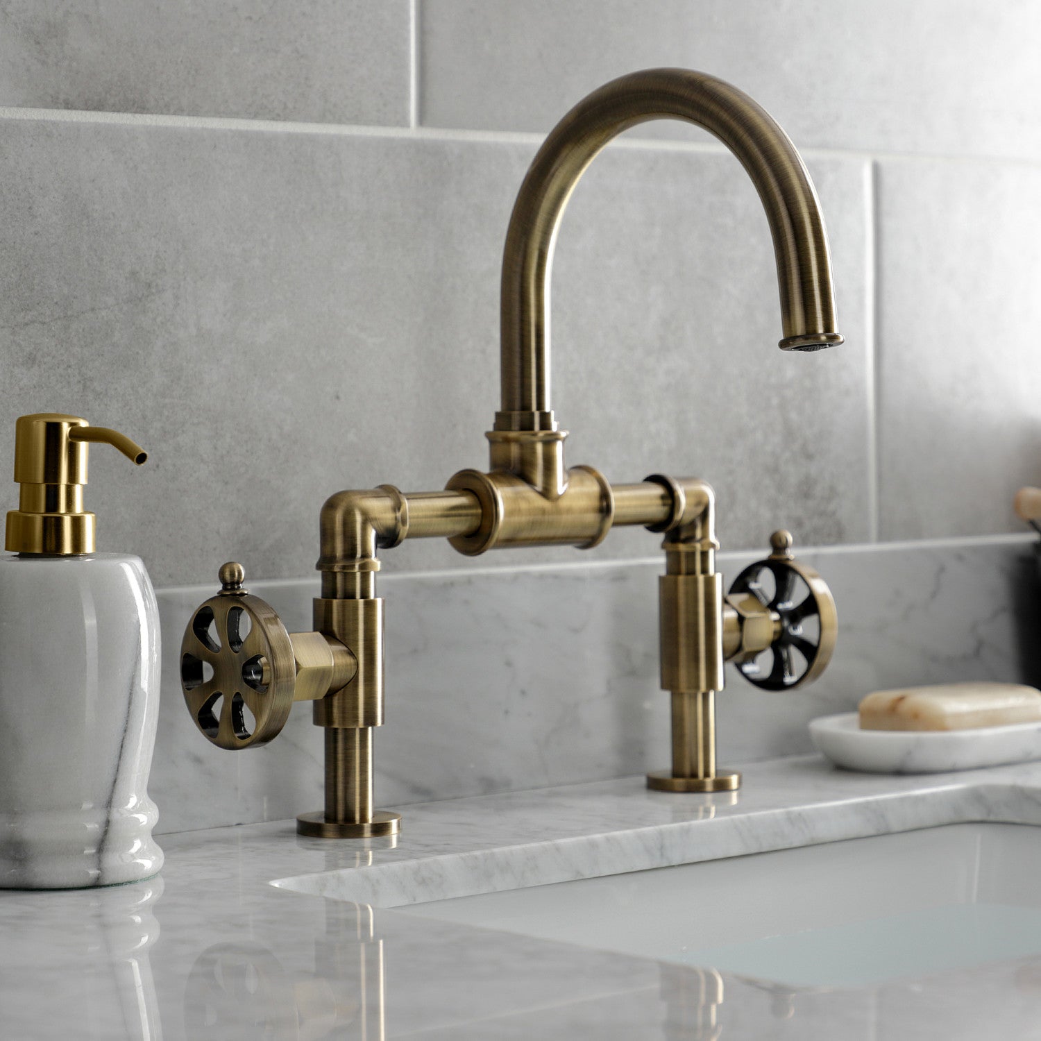 Kingston Sona KS2173RX - Belknap Two-Handle 2-Hole Deck Mount Bridge Bathroom Faucet with Push Pop-Up Drain, Antique Brass — thumbnail 3
