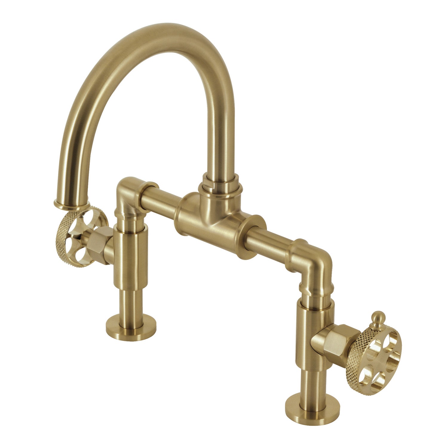 Kingston Sona KS2177RKX - Webb Two-Handle 2-Hole Deck Mount Bridge Bathroom Faucet with Knurled Handle and Push Pop-Up Drain, Brushed Brass