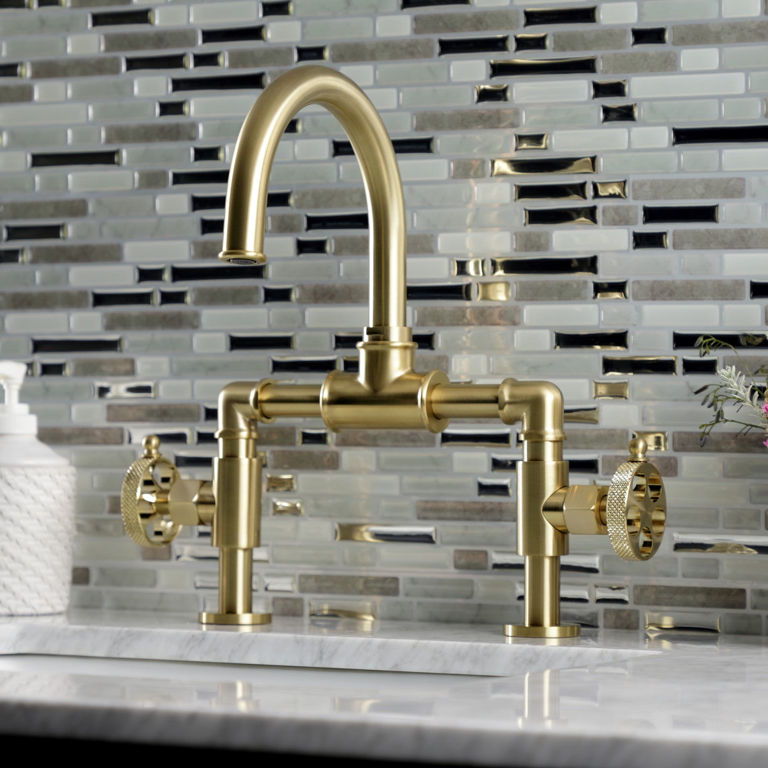 Kingston Sona KS2177RKX - Webb Two-Handle 2-Hole Deck Mount Bridge Bathroom Faucet with Knurled Handle and Push Pop-Up Drain, Brushed Brass — thumbnail 3