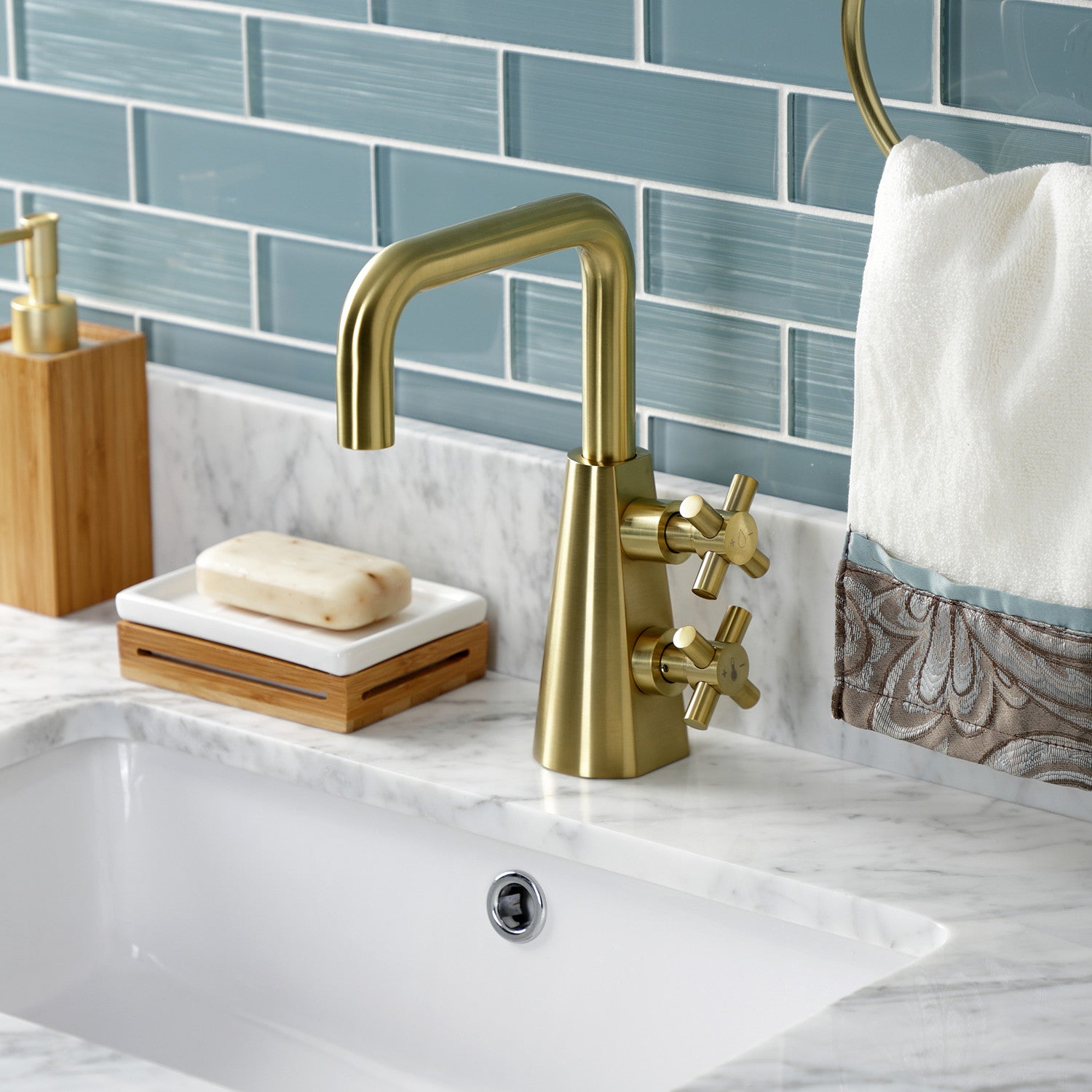 Kingston Sona KS2267DX - Constantine Two-Handle 1-Hole Bathroom Faucet with Push Pop-Up Drain, Brushed Brass — thumbnail 2
