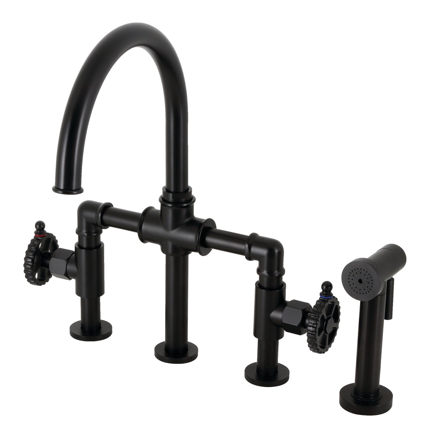 Kingston Sona KS2330CG - Fuller Two-Handle 4-Hole Deck Mount Industrial Style Bridge Kitchen Faucet with Brass Sprayer, Matte Black