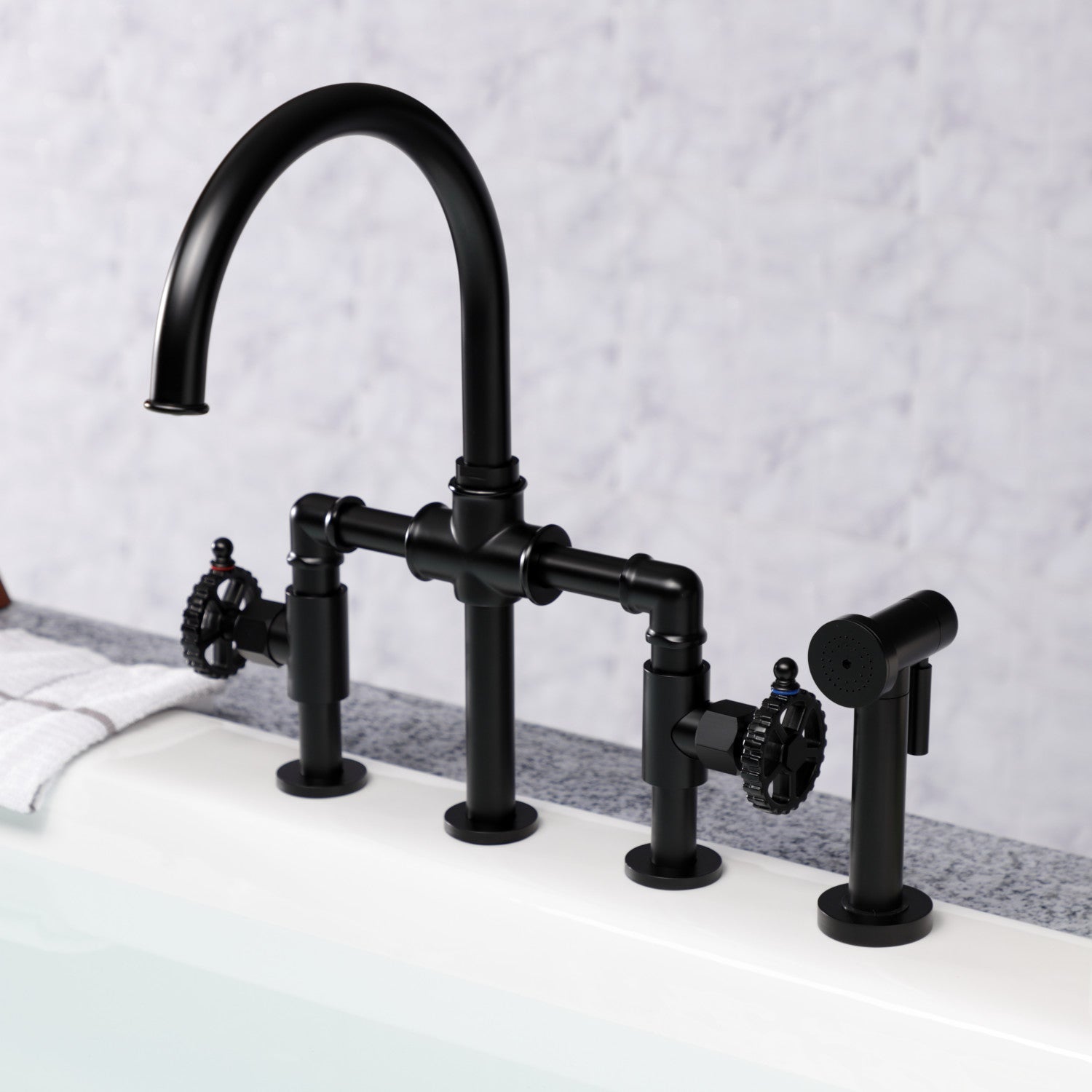 Kingston Sona KS2330CG - Fuller Two-Handle 4-Hole Deck Mount Industrial Style Bridge Kitchen Faucet with Brass Sprayer, Matte Black — thumbnail 2