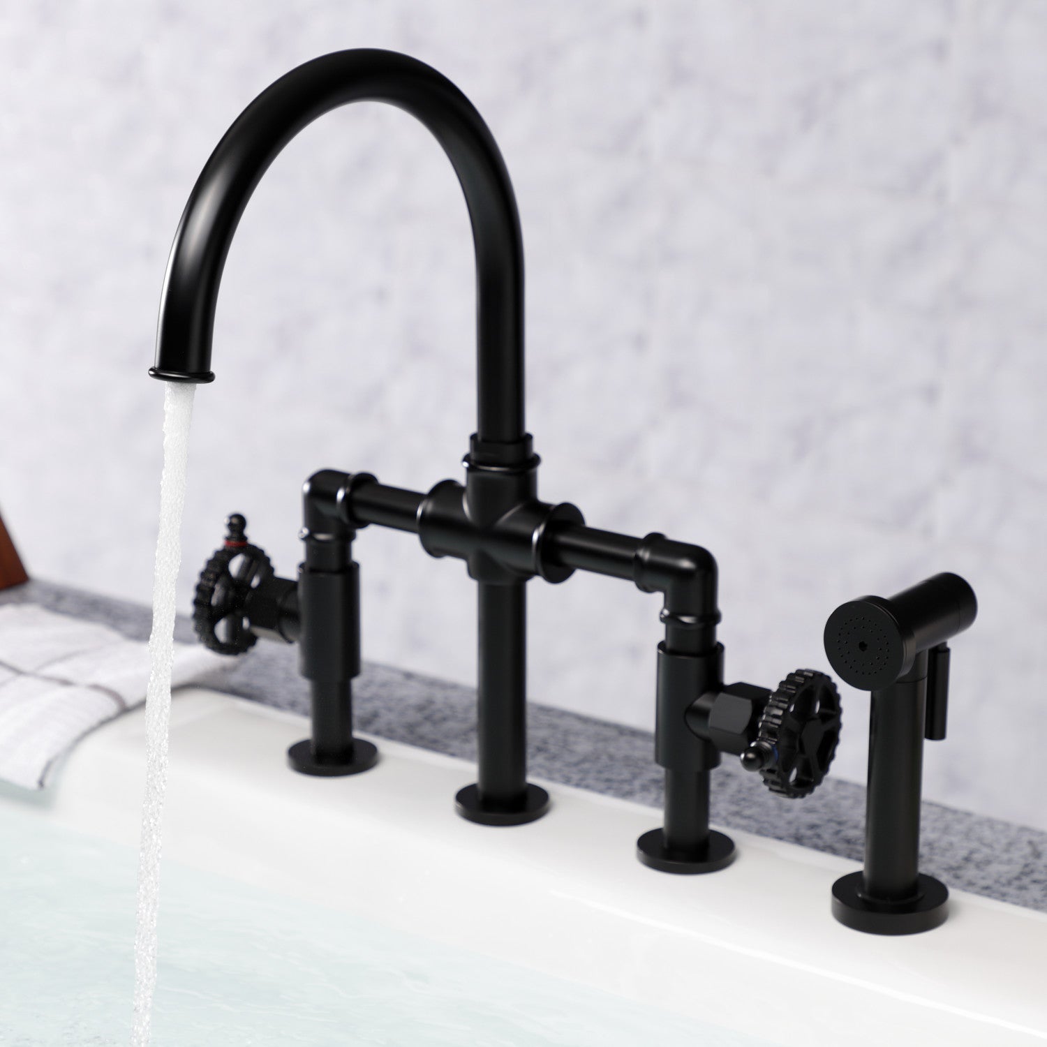 Kingston Sona KS2330CG - Fuller Two-Handle 4-Hole Deck Mount Industrial Style Bridge Kitchen Faucet with Brass Sprayer, Matte Black — thumbnail 3