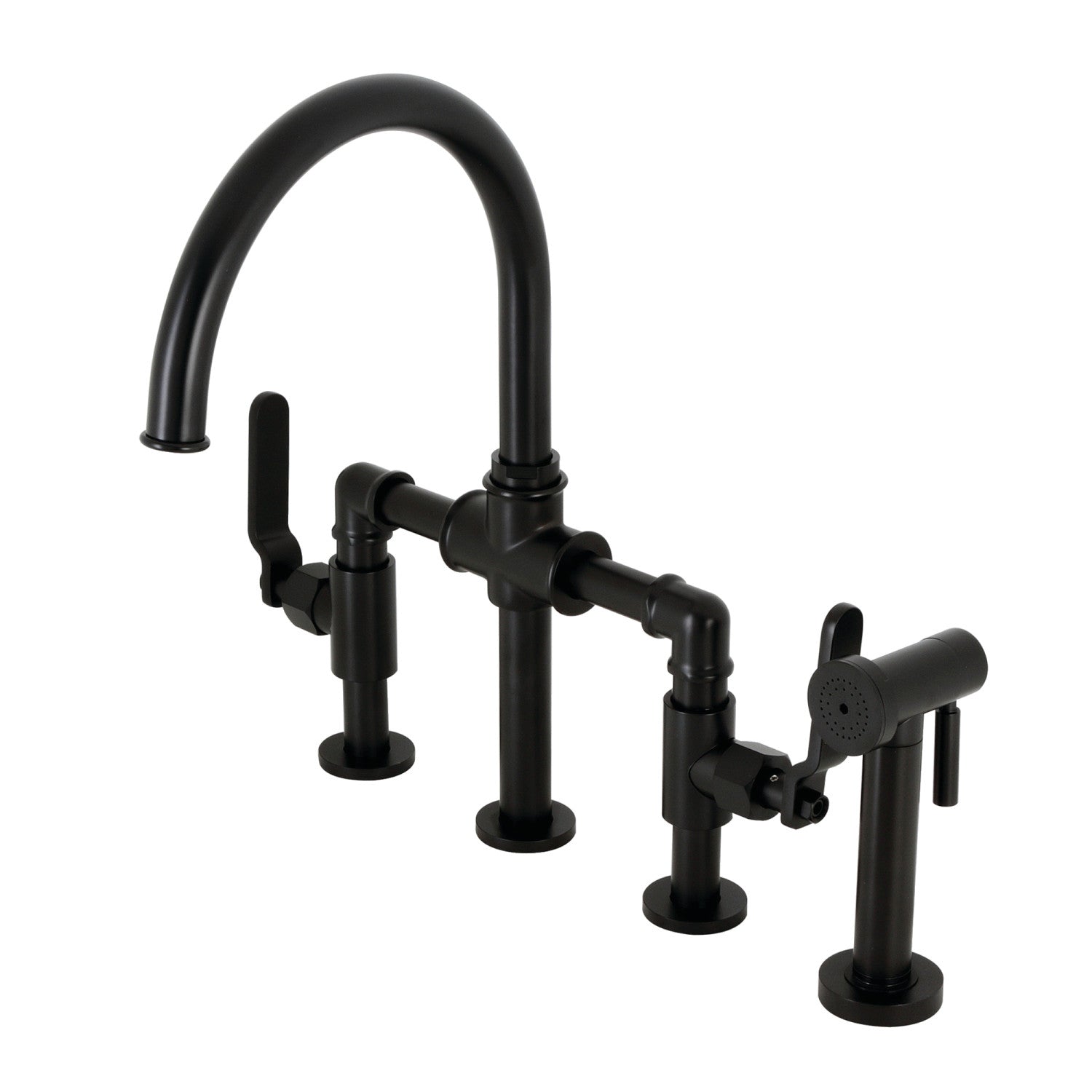 Kingston Sona KS2330KL - Whitaker Two-Handle 4-Hole Deck Mount Industrial Style Bridge Kitchen Faucet with Brass Sprayer, Matte Black