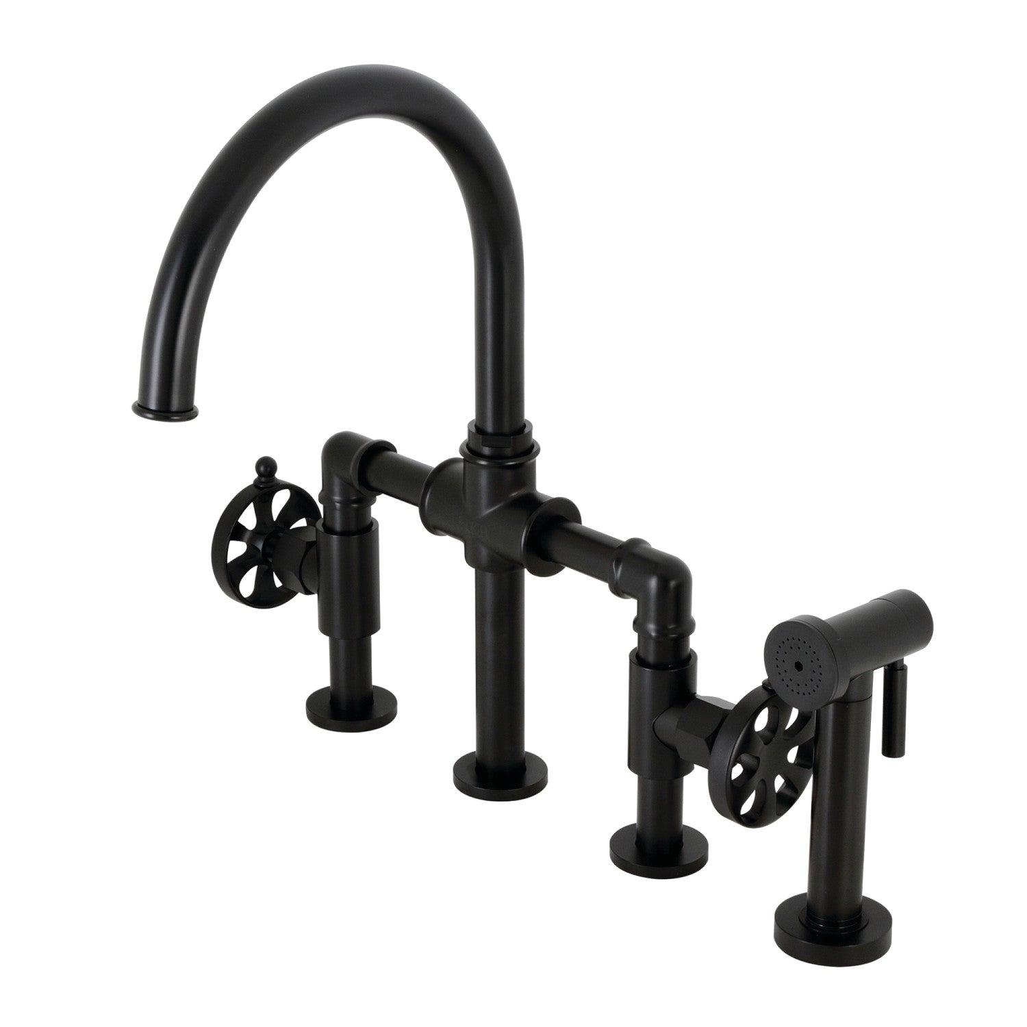 Kingston Sona KS2330RX - Belknap Two-Handle 4-Hole Deck Mount Industrial Style Bridge Kitchen Faucet with Brass Sprayer, Matte Black