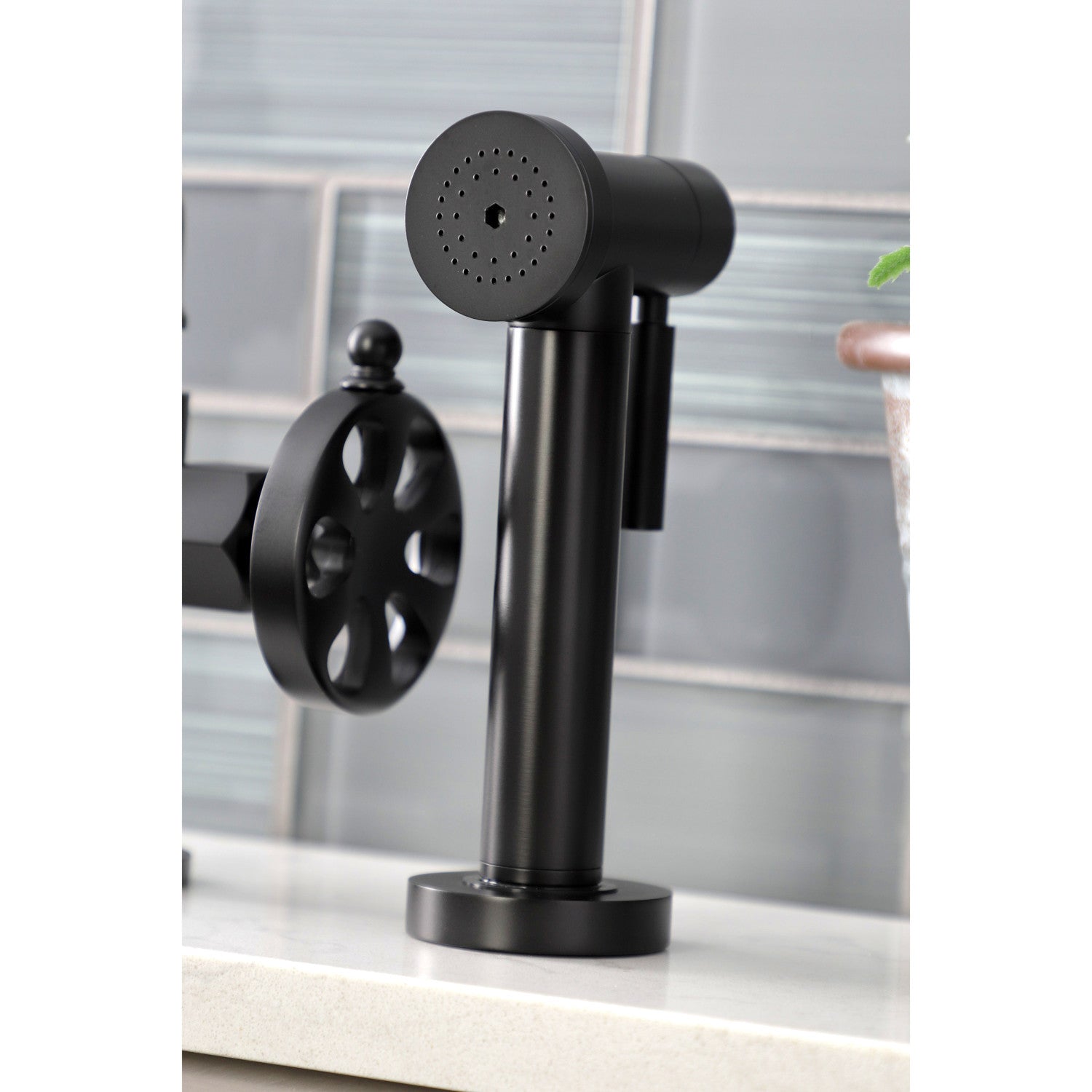 Kingston Sona KS2330RX - Belknap Two-Handle 4-Hole Deck Mount Industrial Style Bridge Kitchen Faucet with Brass Sprayer, Matte Black — thumbnail 2