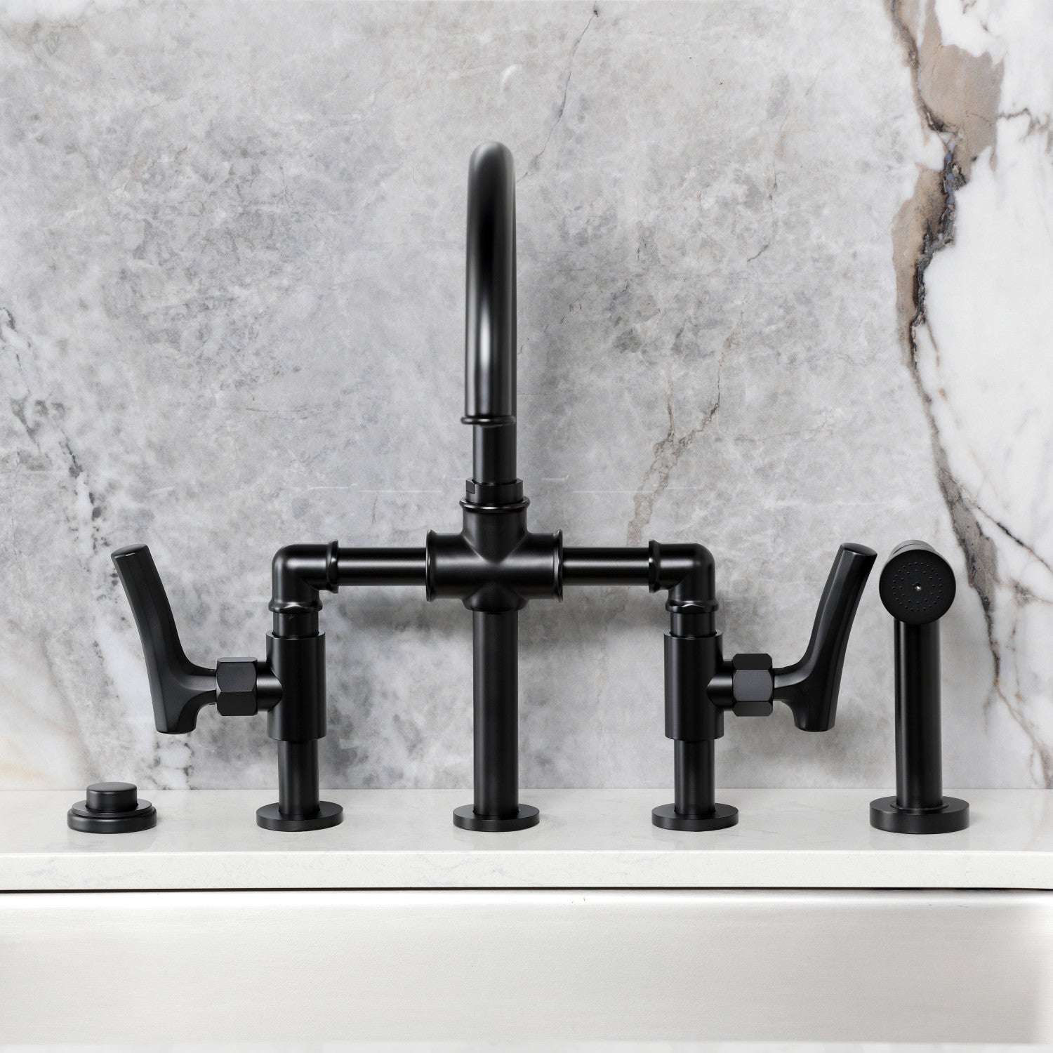 Kingston Sona KS2330TKL - Hallerbos Two-Handle 4-Hole Deck Mount Bridge Kitchen Faucet with Brass Sprayer, Matte Black — thumbnail 3