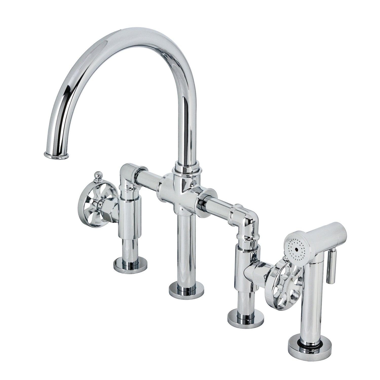 Kingston Sona KS2331RX - Belknap Two-Handle 4-Hole Deck Mount Industrial Style Bridge Kitchen Faucet with Brass Sprayer, Polished Chrome