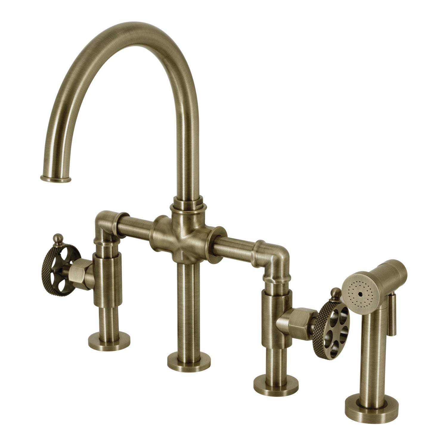 Kingston Sona KS2333RKX - Webb Two-Handle 4-Hole Deck Mount Knurled Handle Bridge Kitchen Faucet with Brass Sprayer, Antique Brass
