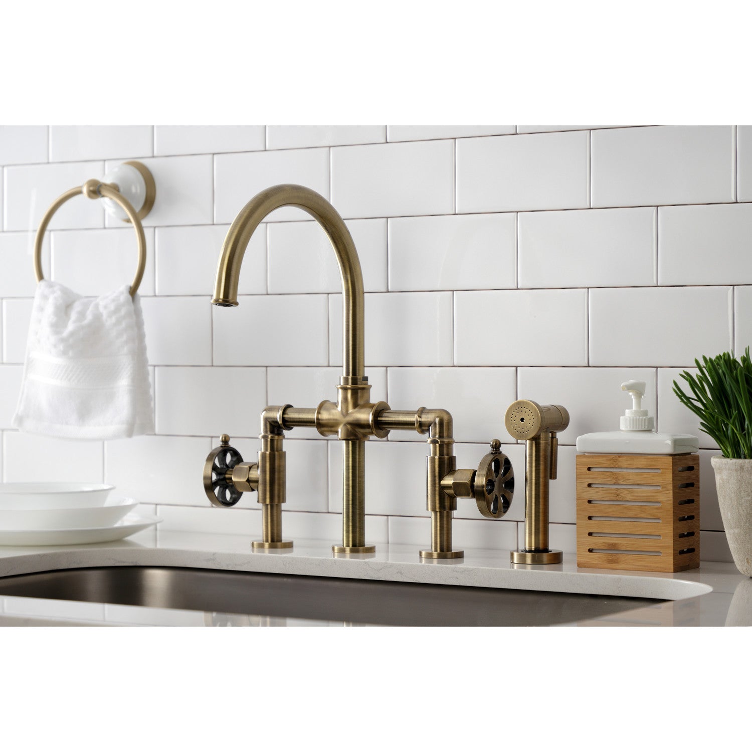 Kingston Sona KS2333RX - Belknap Two-Handle 4-Hole Deck Mount Industrial Style Bridge Kitchen Faucet with Brass Sprayer, Antique Brass — thumbnail 2