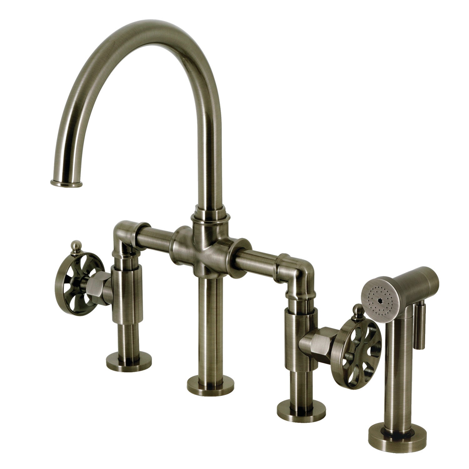 Kingston Sona KS2334RX - Belknap Two-Handle 4-Hole Deck Mount Industrial Style Bridge Kitchen Faucet with Brass Sprayer, Black Stainless — image 1