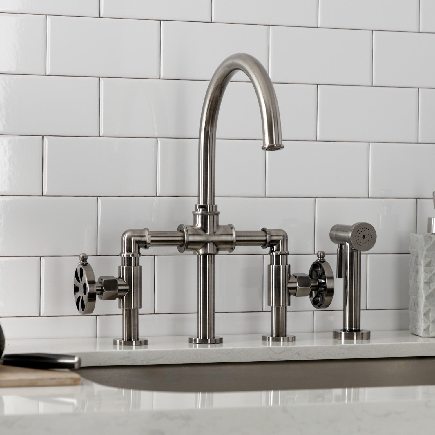 Kingston Sona KS2334RX - Belknap Two-Handle 4-Hole Deck Mount Industrial Style Bridge Kitchen Faucet with Brass Sprayer, Black Stainless — thumbnail 3