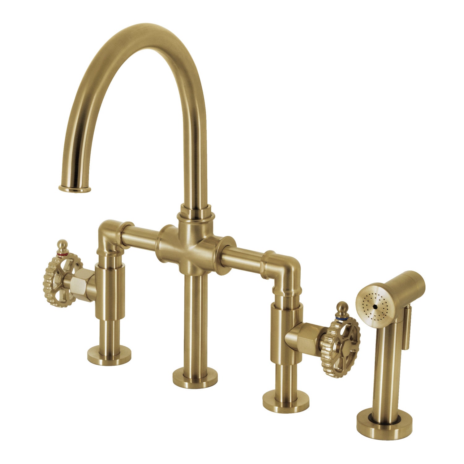 Kingston Sona KS2337CG - Fuller Two-Handle 4-Hole Deck Mount Industrial Style Bridge Kitchen Faucet with Brass Sprayer, Brushed Brass