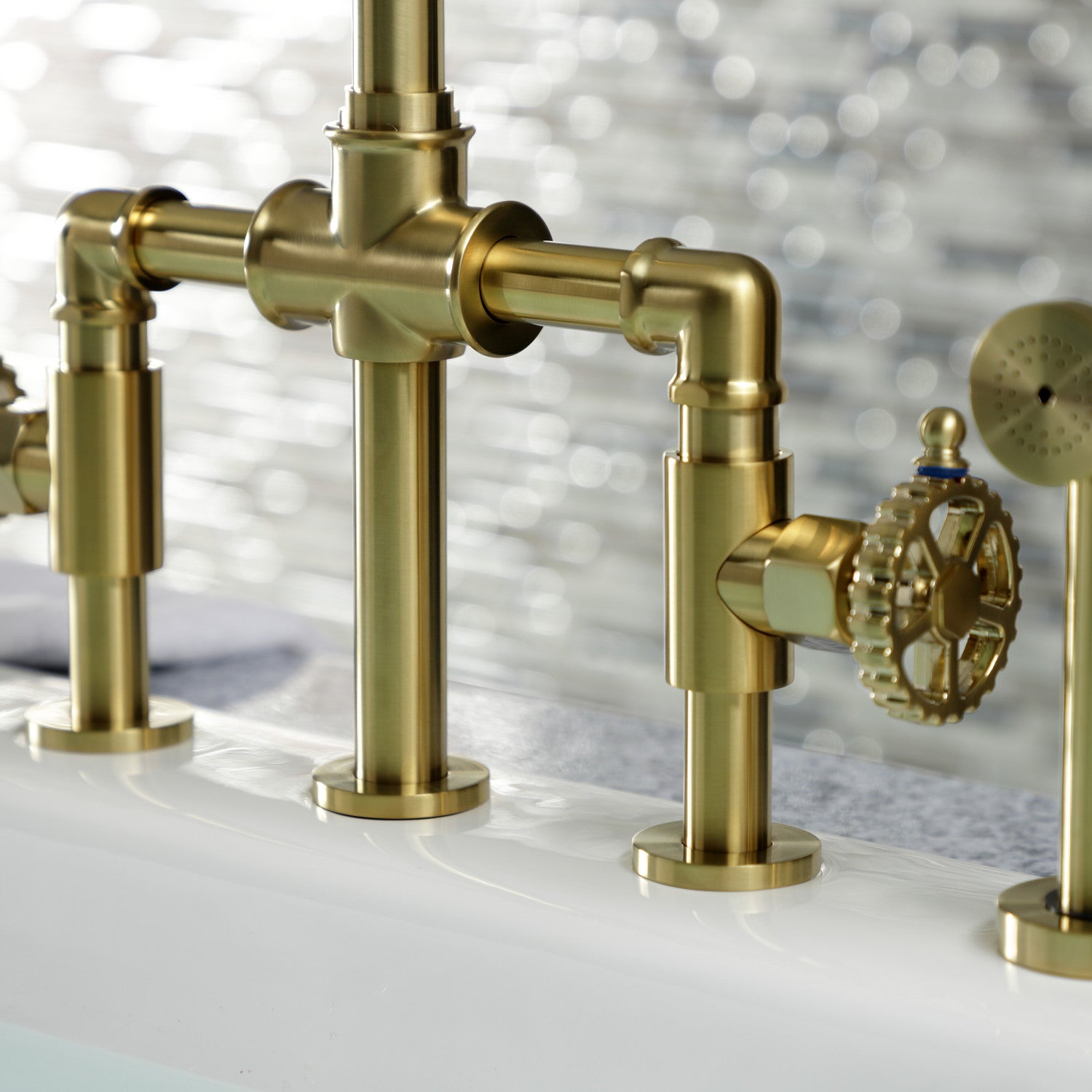 Kingston Sona KS2337CG - Fuller Two-Handle 4-Hole Deck Mount Industrial Style Bridge Kitchen Faucet with Brass Sprayer, Brushed Brass — thumbnail 3
