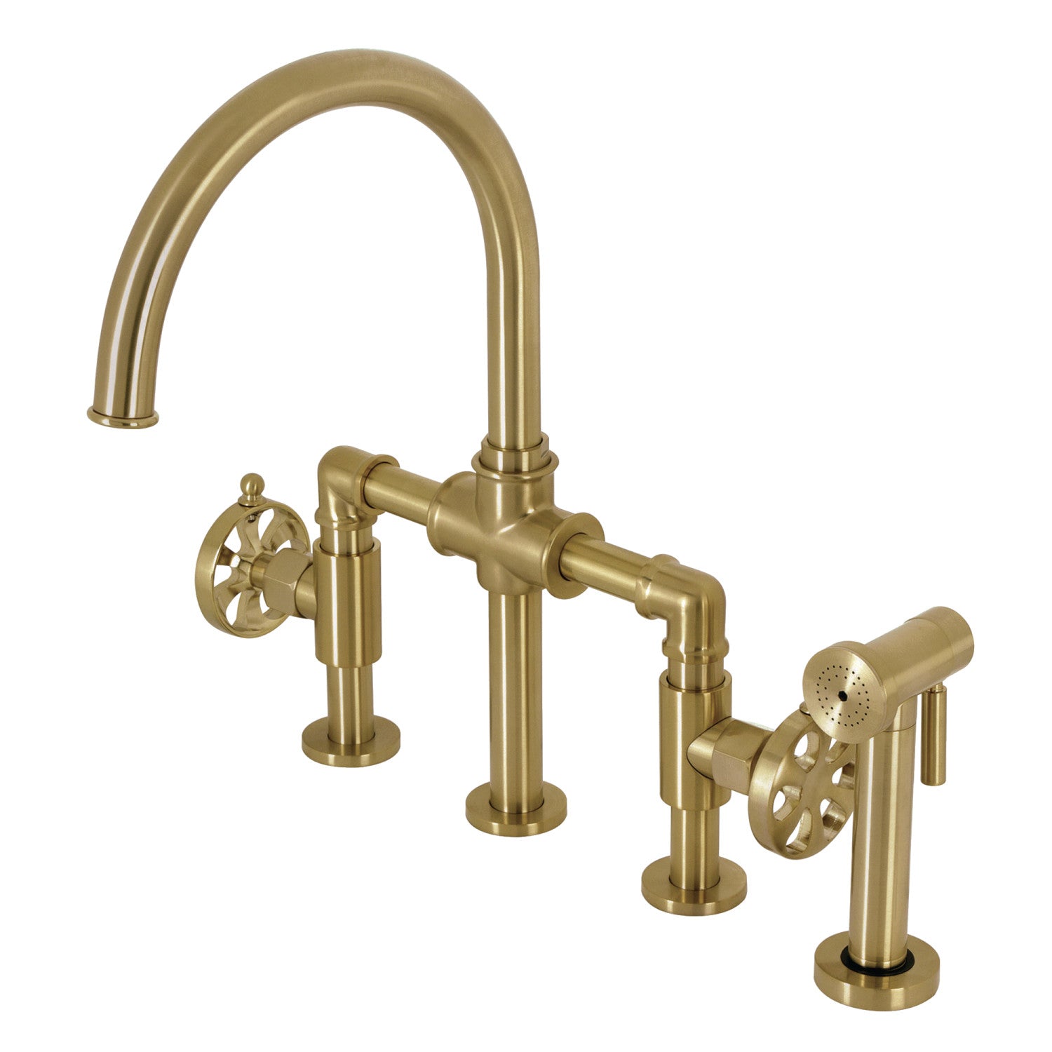 Kingston Sona KS2337RX - Belknap Two-Handle 4-Hole Deck Mount Industrial Style Bridge Kitchen Faucet with Brass Sprayer, Brushed Brass