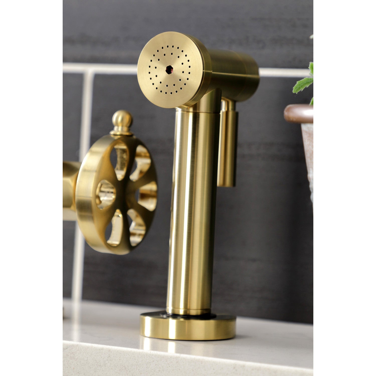 Kingston Sona KS2337RX - Belknap Two-Handle 4-Hole Deck Mount Industrial Style Bridge Kitchen Faucet with Brass Sprayer, Brushed Brass — thumbnail 3